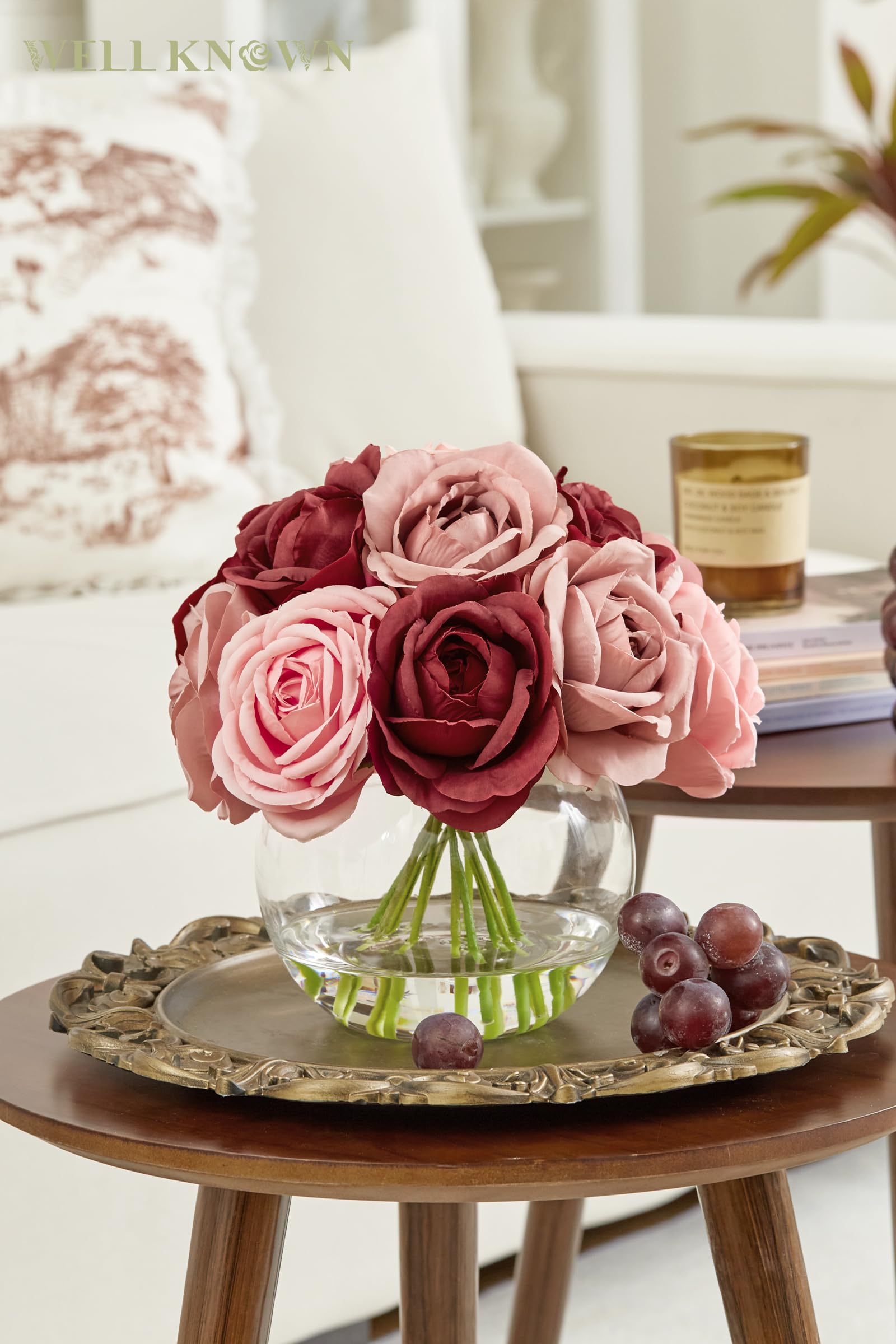 Amazon.de: WELL KNOWN Seidenrose, knstliche Blumen mit Vase, knstliche  Rosenarrangements in runder Schale, Vase mit Kunstwasser fr Zuhause,  Tischdekoration (Burgundy & Dusty Rose)