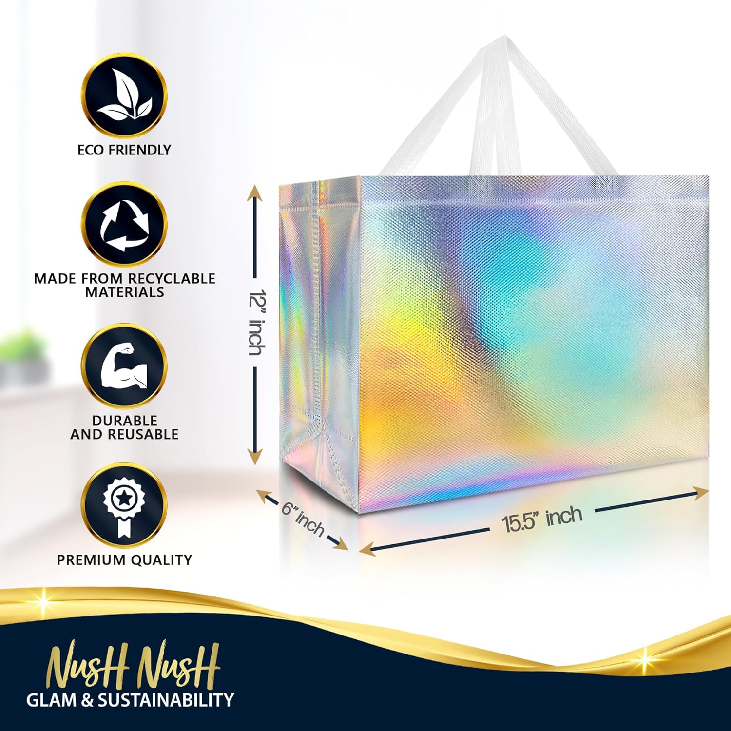 Nush Nush Iridescent Gift Bags XL - Set of 12 Reusable Holographic Extra Large Gift Bags with Handles - Party Favor Bag for Birthdays, Bachelorette, Weddings, Holidays, Valentines - 15.5W x 6D x 12H - Image 6