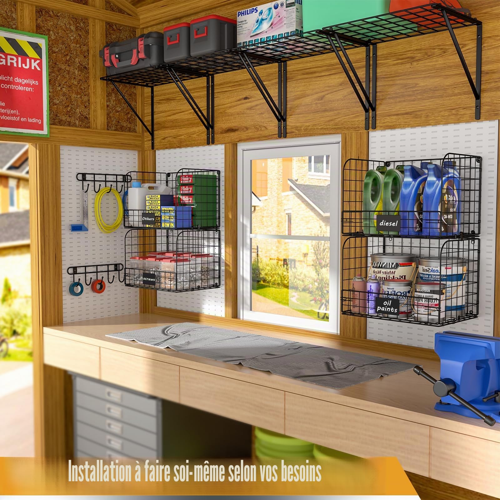 ThreeHio Lot de 2 étagères murales de Garage avec paniers métalliques, étagères murales de Garage Robustes avec Crochets, paniers d'étagère en Fil métallique pour l'organisation et Le Rangement de la