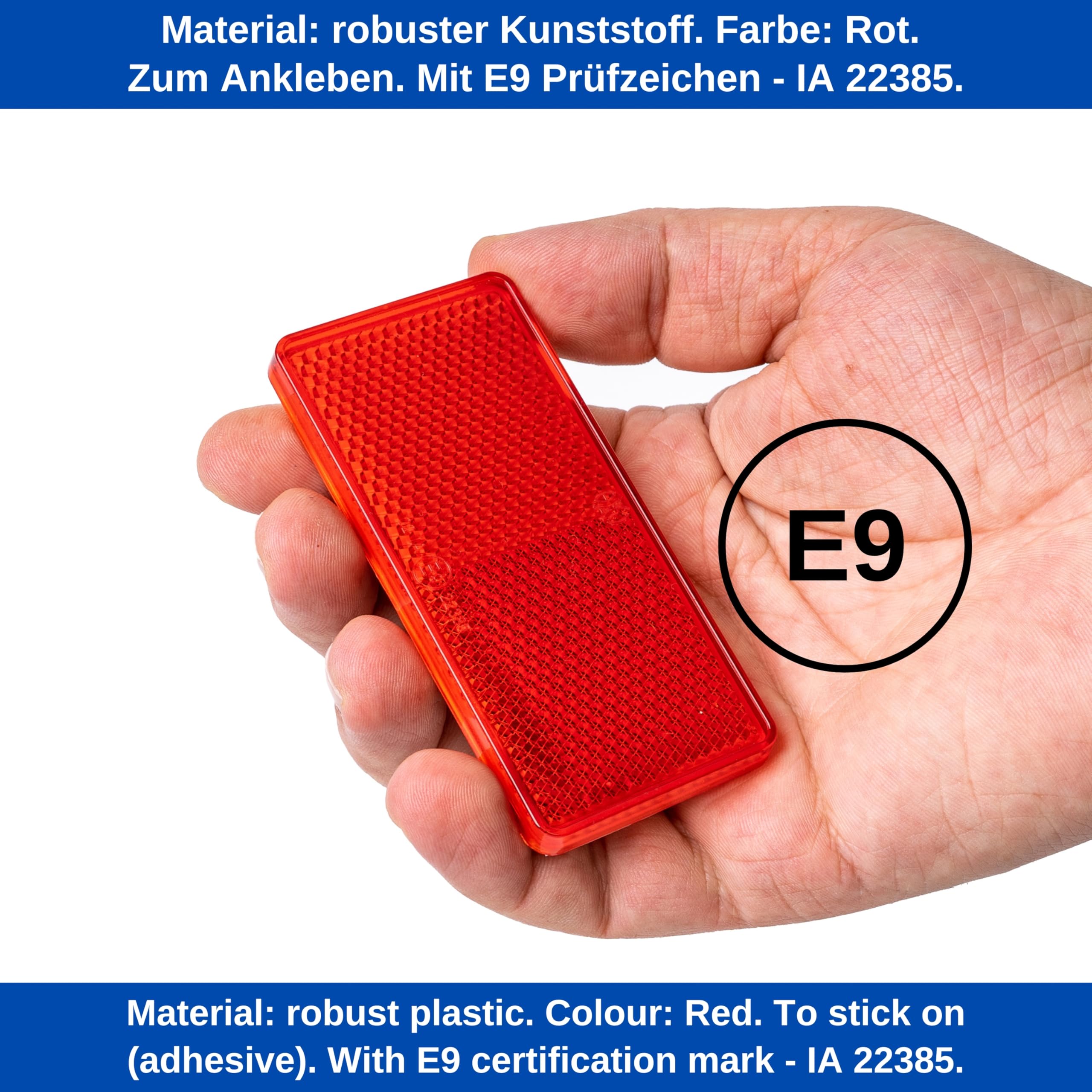 Reflectores para Pegar, 4 Uds, Rojo, 94 x 44 mm, Marca de E, Reflector de Seguridad Remolque, Caravana, Poste, Captafaro, Derecho e Izquierdo, Reflector de Remolque Estándar, Catadioptrico Rojo - 4