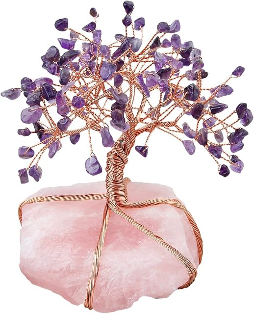 mookaitedecor Natural Amethyst Crystal Money Tree,Gemstone Feng Shui Ornaments Tree of Life Figurines,Rough Stone Rose Quartz Base