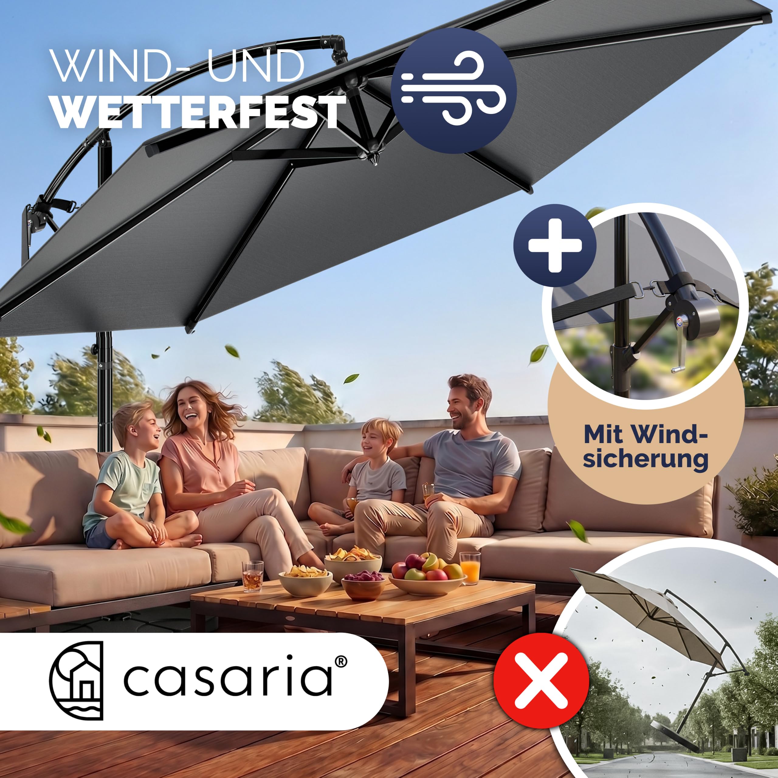 Casaria® Ampelschirm 300/350 cm Komplettset inkl. 4 Gewichte & Schutzhülle - Garten Sonnenschirm UV 80+ neigbar schwenkbar mit Kurbel rund