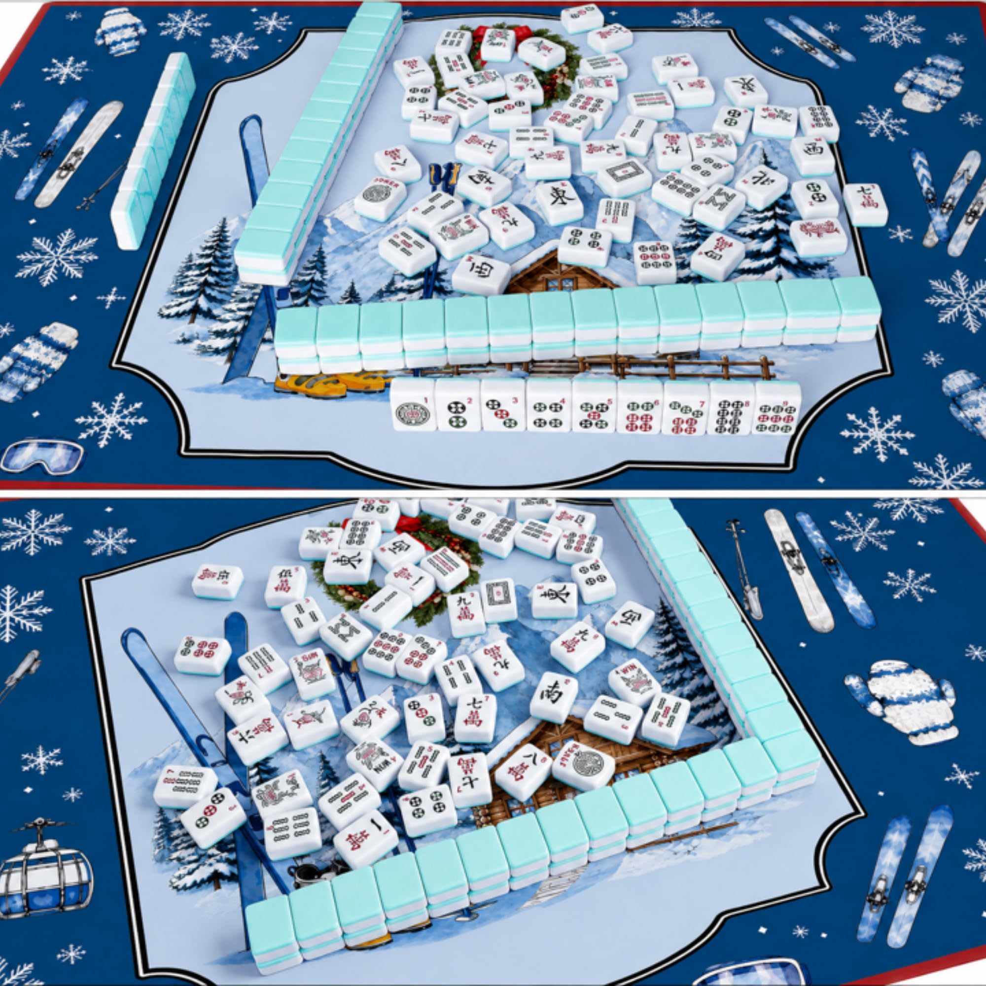 Ensemble de tapis de mahjong d'hiver avec sac de transport, bleu
