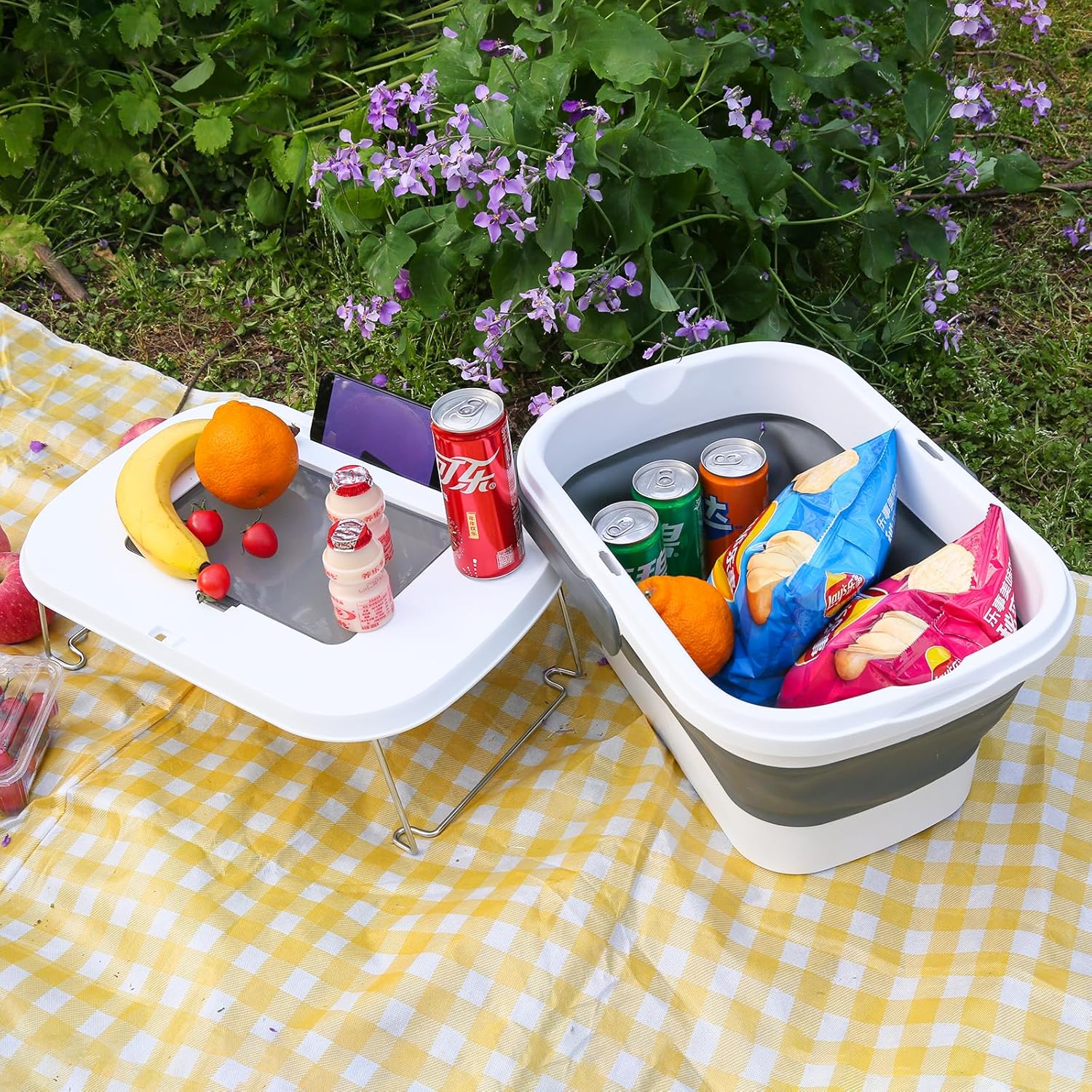 Collapsible Picnic Basket 16L, Folding Basket for Picnic with Lid Table, Waterproof Large Picnic Basket with Handles, Portable Collapsible Storage Basket for Camping, Outdoor, Travel，White - Image 2