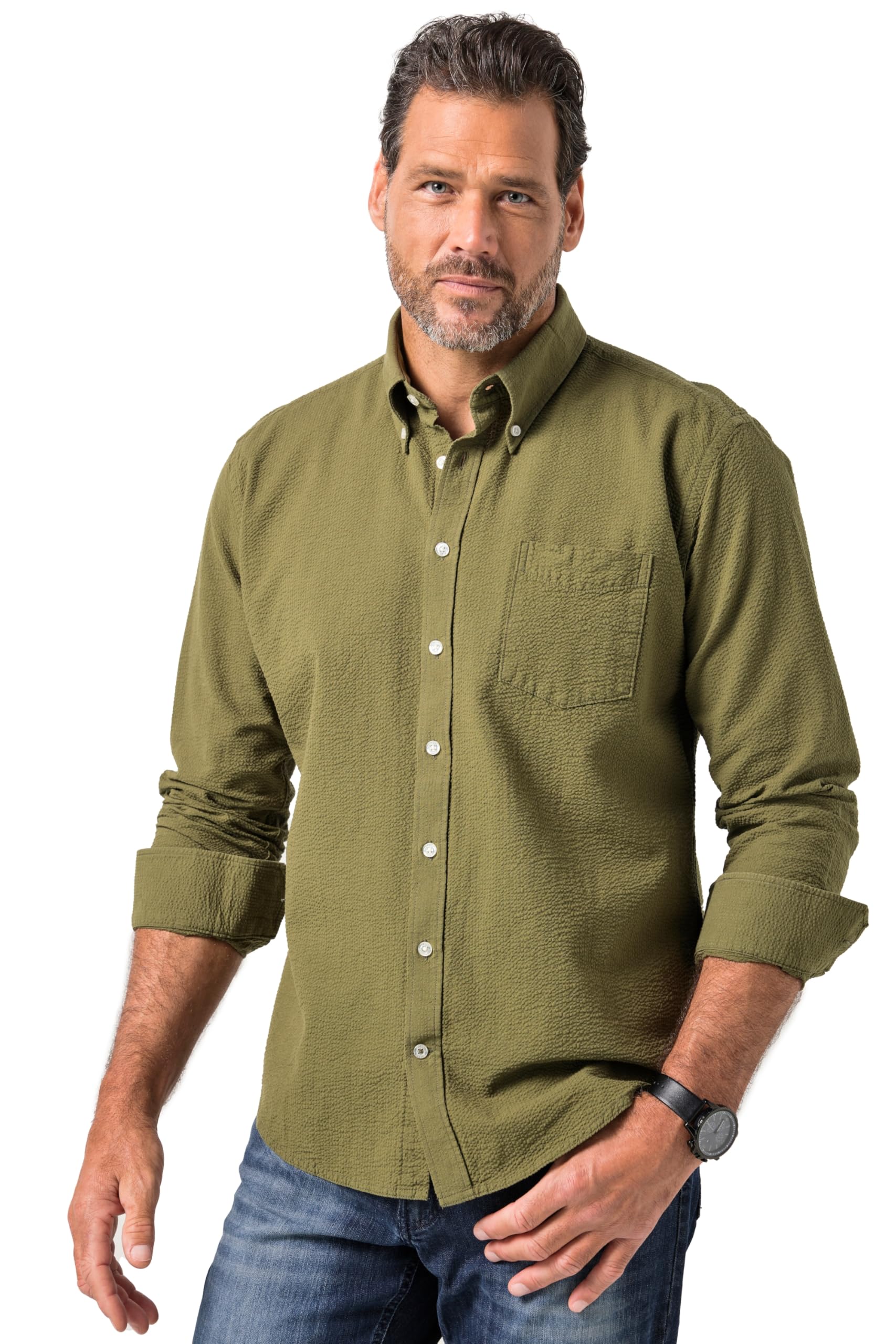 JP 1880 Herren große Größen Übergrößen Menswear L-8XL Seersucker-Hemd, Langarm, Buttondown-Kragen, Modern Fit 844463