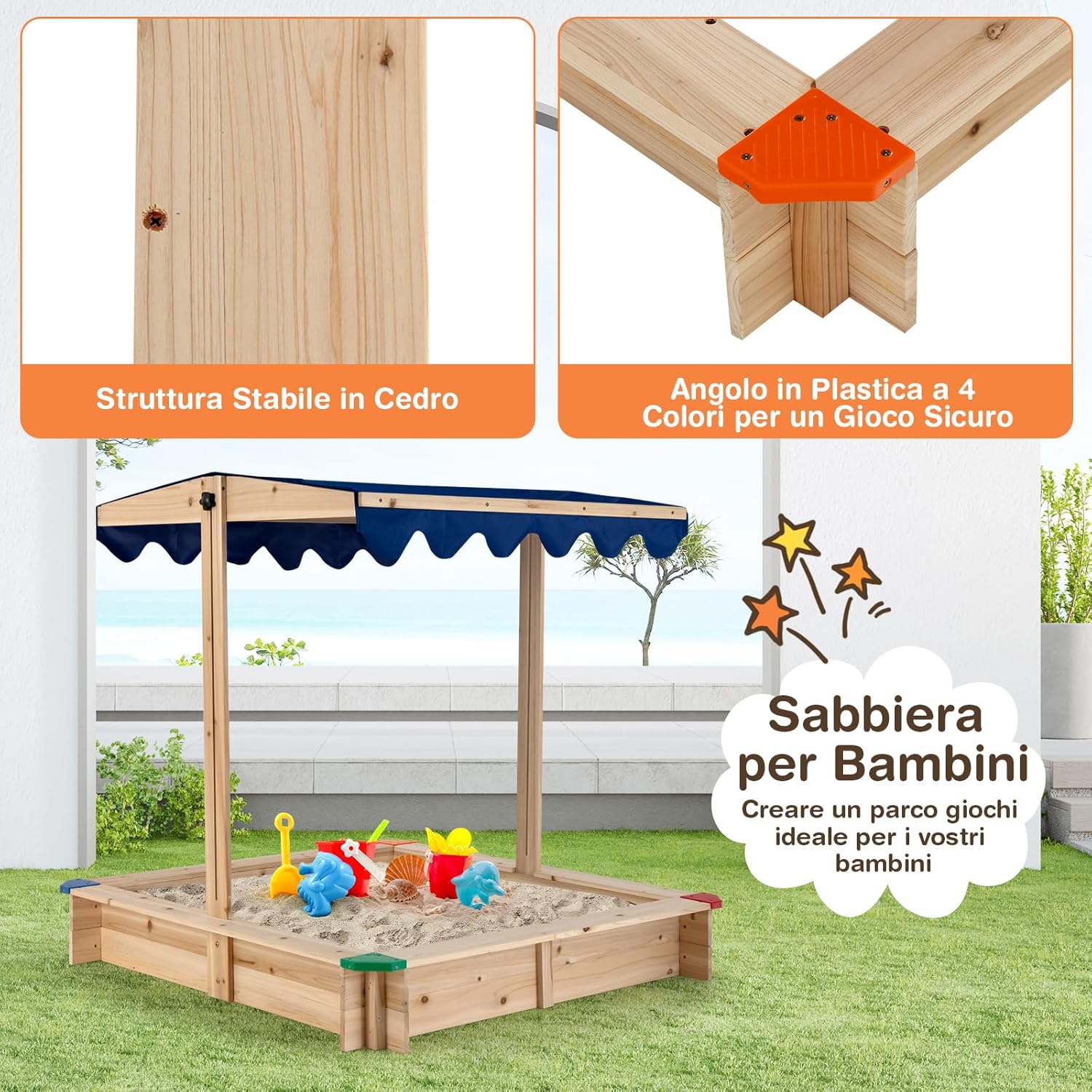 GYMAX Sandpit for Children with Adjustable Roof, Sandpit Outdoor Play Wooden Sandpit 121 x 121 cm, Garden and Beach Playbed with UV-Resistant Roof and Open Bottom Design