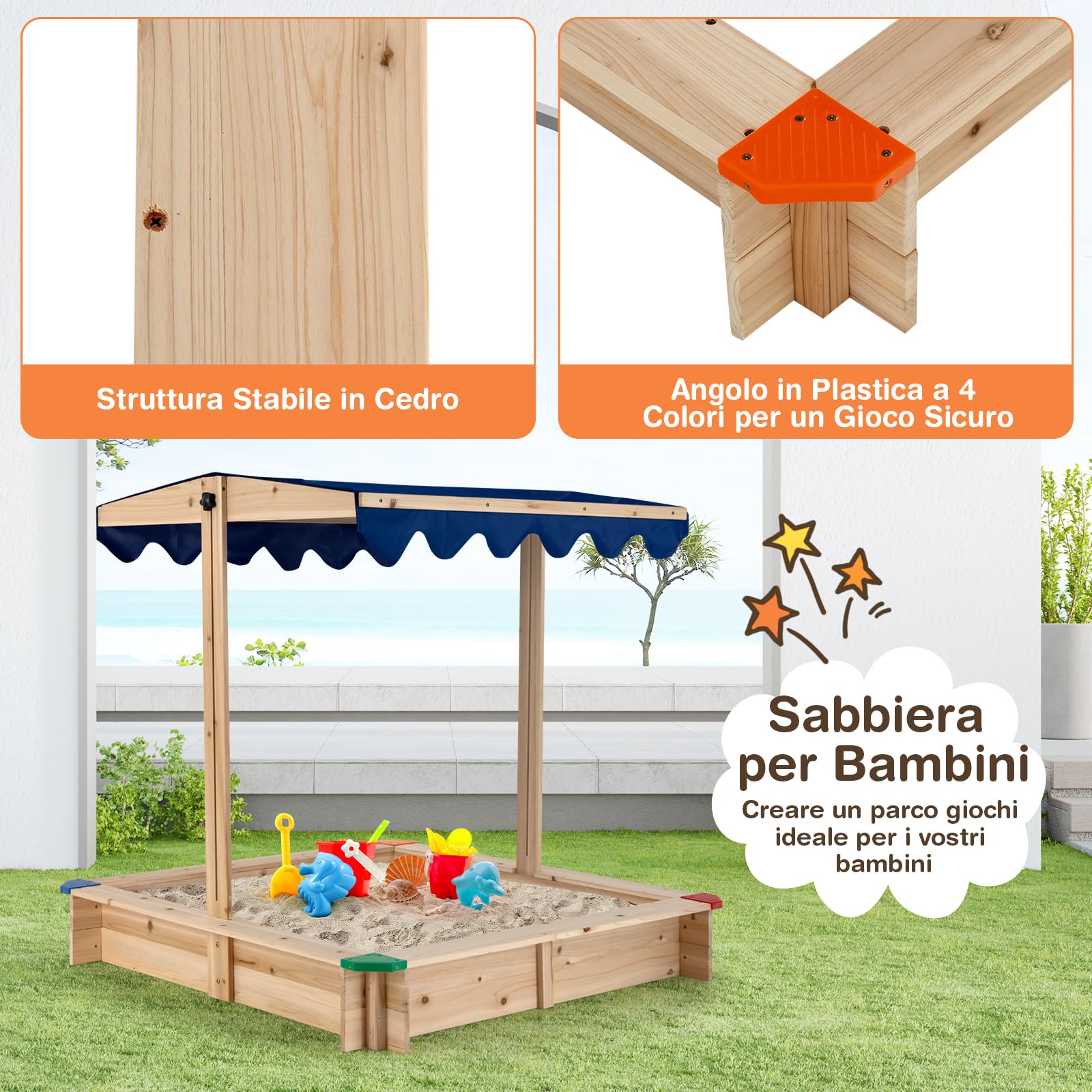 Sabbiera Per Bambini Con Cucina Giocattolo In Legno Di Abete - 135x125x20 Cm, Con Accessori Da Cucina, Fodera Inferiore, Per Giardino E Cortile
