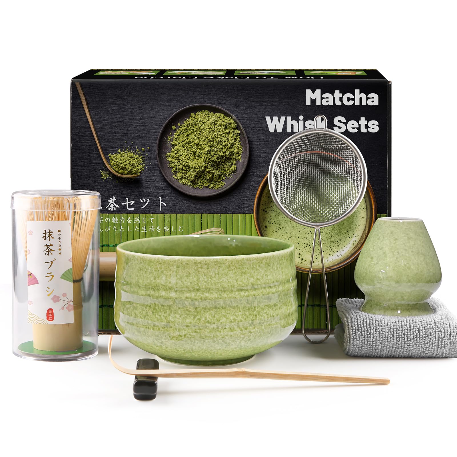 7 Piece Matcha Set, Macha Tea Set with Matcha Spoon, Whisk Holder, Matcha Whisk, Shovel, Strainer, Japanese Tea Accessories Traditional Bamboo Whisk Tea Ceremony Best Gift,Threaded Green