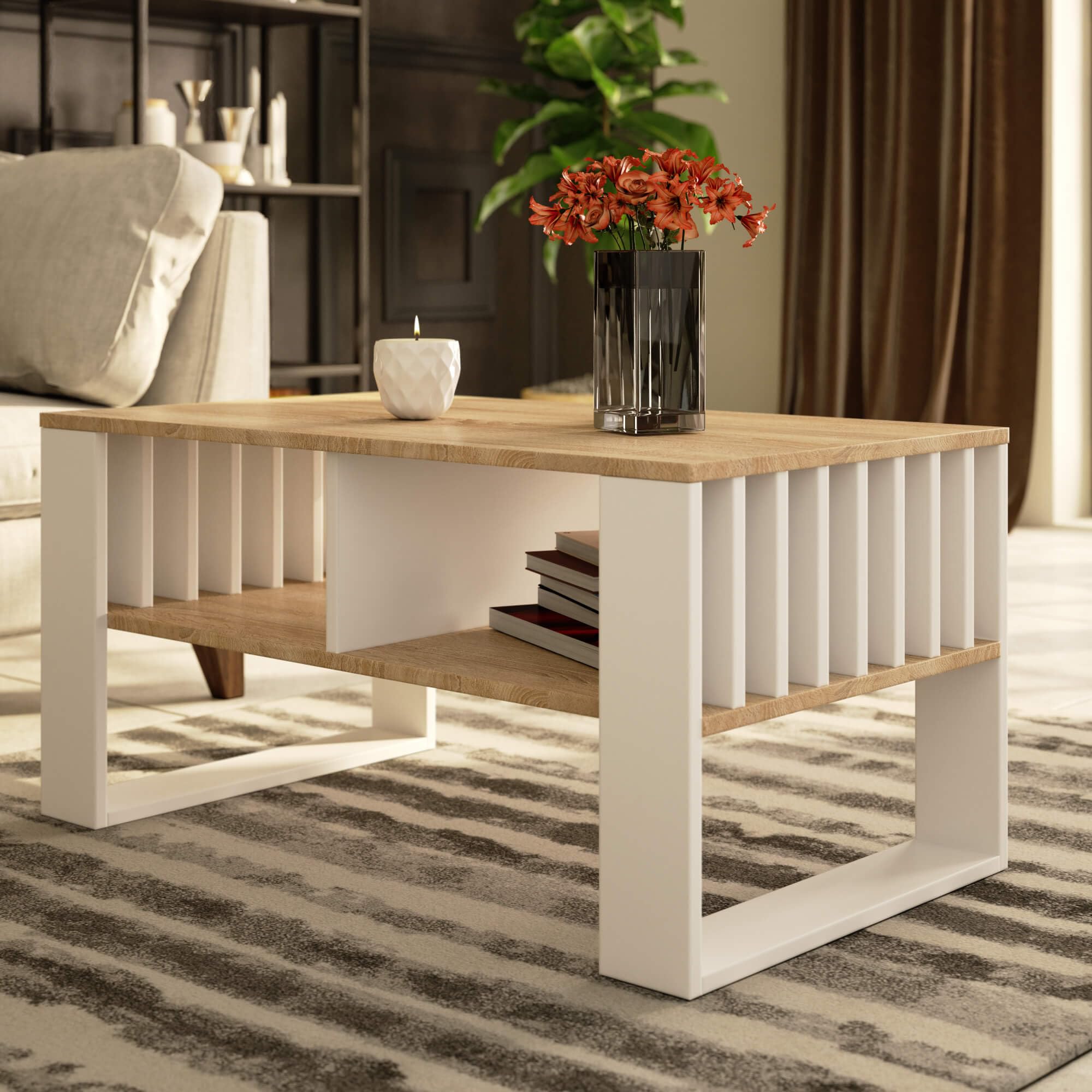 AKORD Mesa de Centro Rockford Roble Sonoma 92 cm con Estructura de Patas Blancas A92xL45xF53 cm