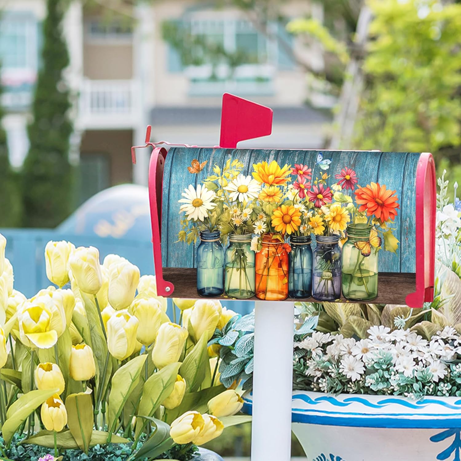Farm Fresh Colorful Flowers Spring Mailbox Covers Magnetic Standard Size 18" X 21",Blue Rustic Mailbox Wraps Post Letter Box Cover for Holiday Garden Yard Decor