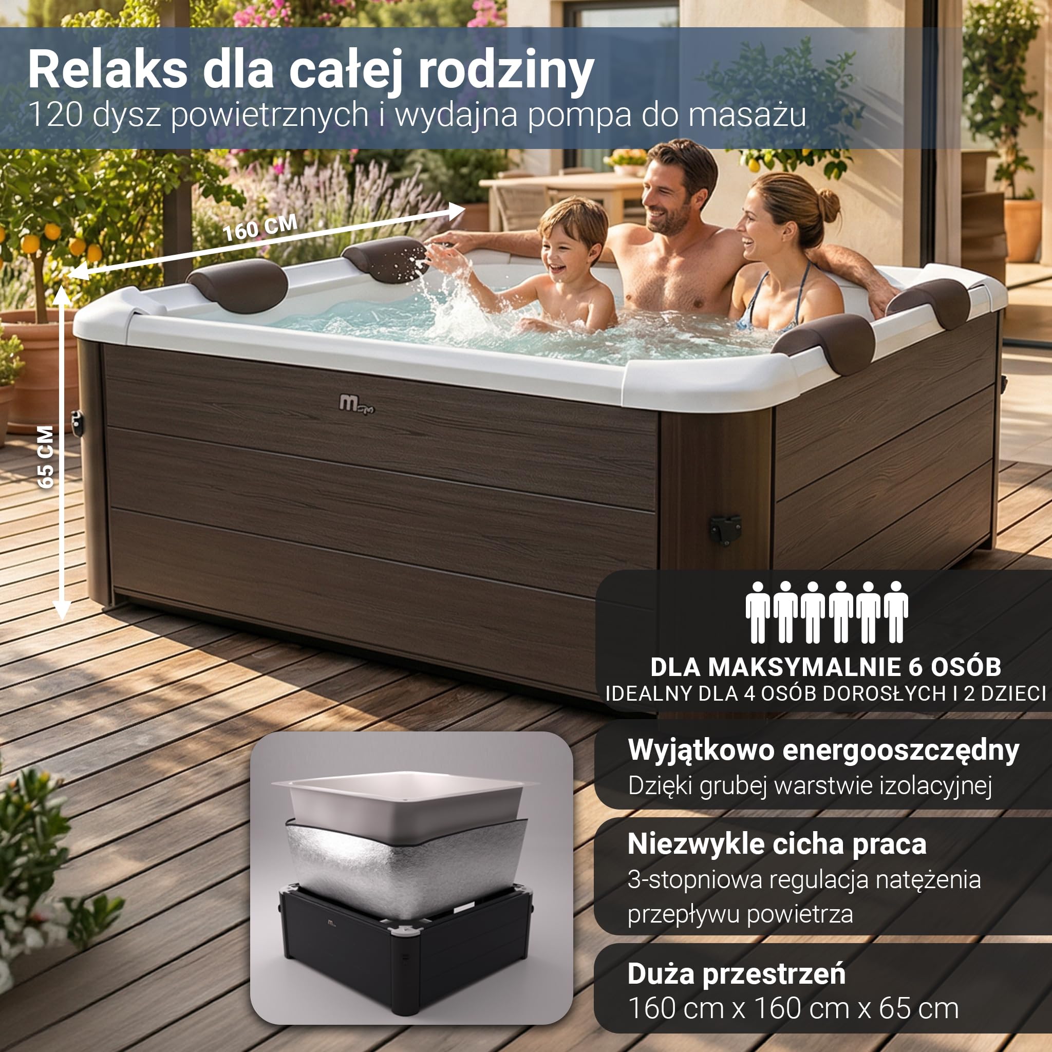 Miweba MSpa Jacuzzi Tribeca ze sztywną ścianą zewnętrzną | sterowanie aplikacją | spa 6-osobowe | 160x160x65 cm | 120 dysz masujących | całoroczne, zimoodporne | basen wewnętrzny i ogrodowy