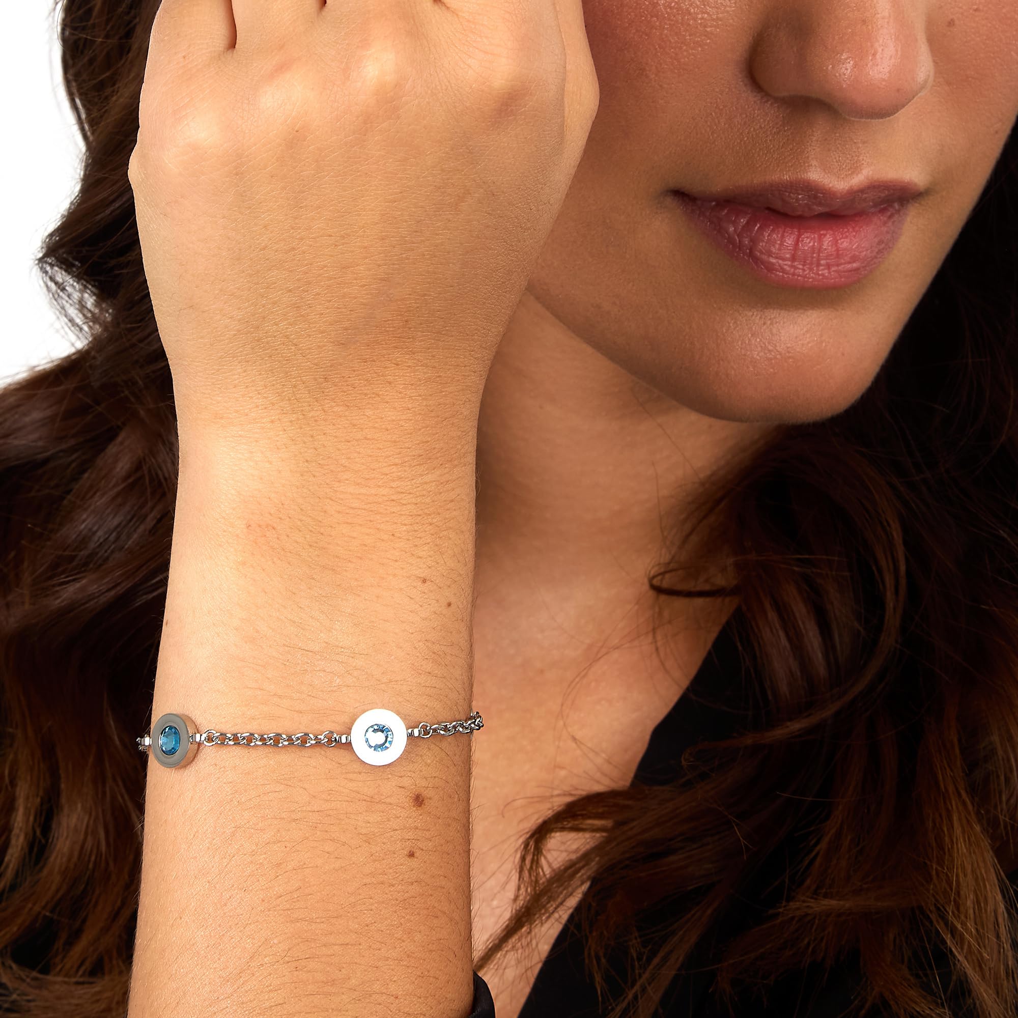 TRUSSARDI Bracciale Donna in Acciaio, Cristalli Azzurri, Collezione T-LOGO - TJAXC114