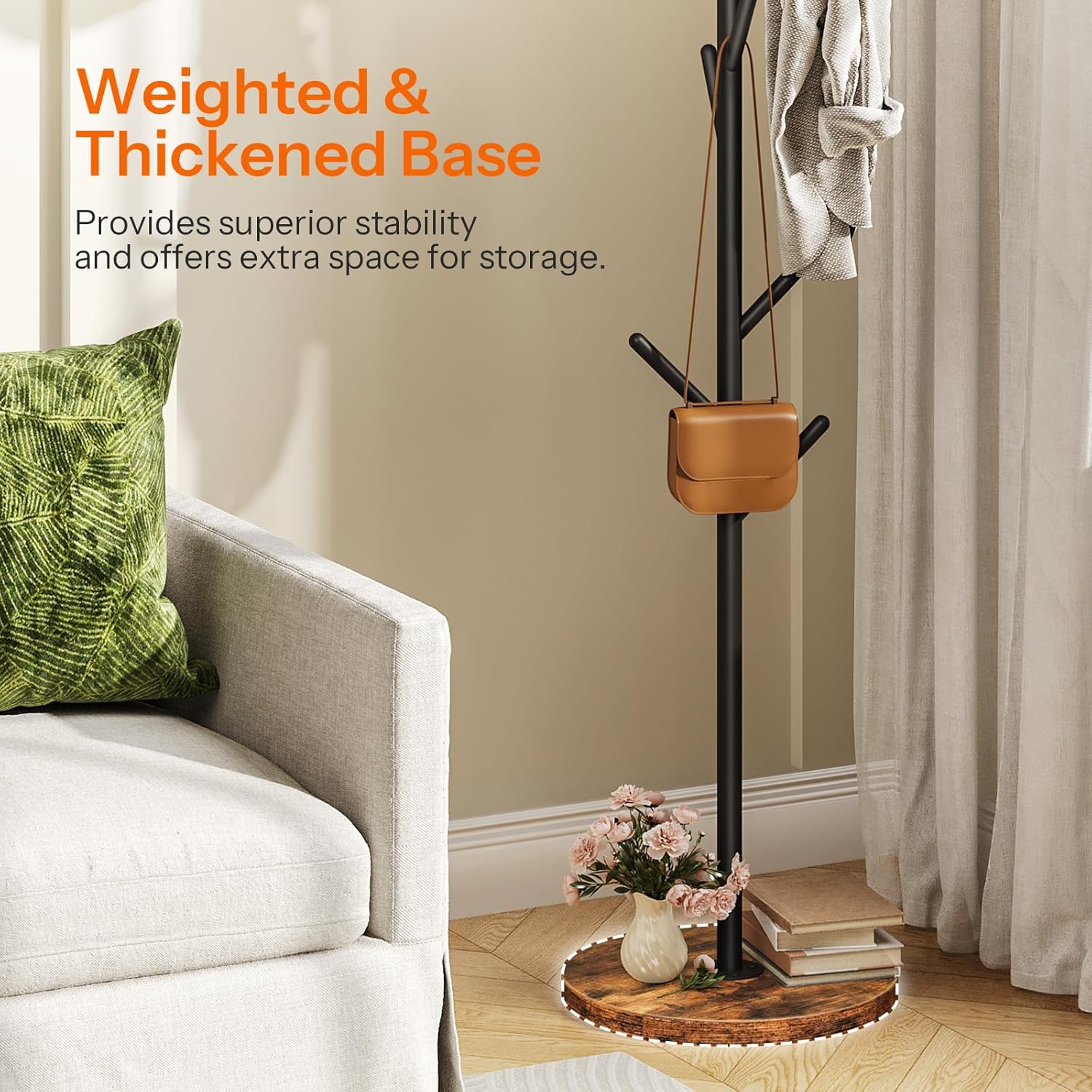 HOOBRO Coat Rack Stand with 9 Hooks, Metal Freestanding Coat Tree with Wooden Base, Heavy Duty Hall Tree for Entryway, Space Saving Coat Hanger Stand with Thickened Base, Rustic Brown BF11YM01
