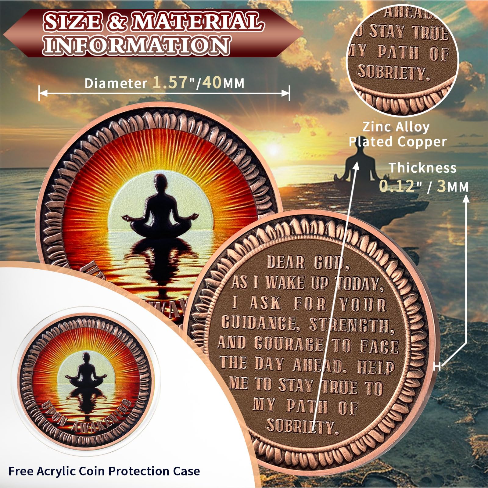 Sea Surface Meditation Sobriety Coin, Upon Awakening Recovery Coin, Bronze Sober Medallions with Inspirational Quotes - Image 4