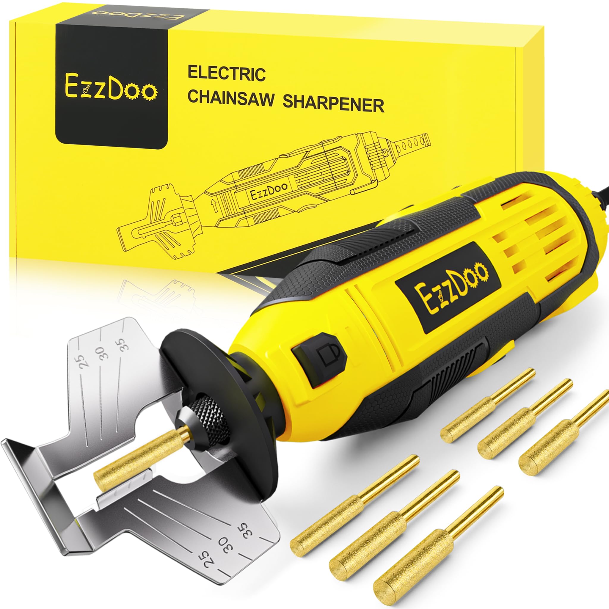 EzzDoo 3 in 1 Electric Chainsaw Sharpener Kit with Titanium Coated Chainsaw Files High Speed Chainsaw Sharpener Electric Tool and 4 Sizes High Hardness Diamond Sharpening Wheels Accessories