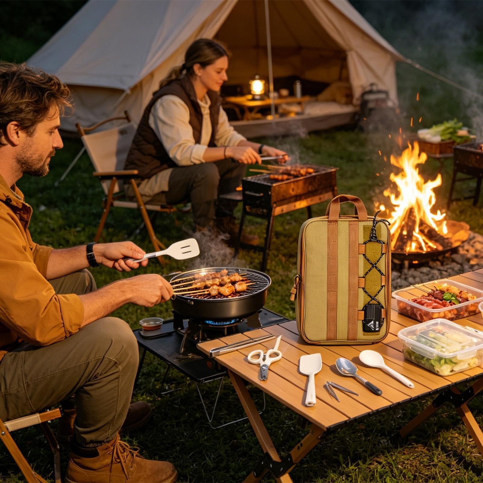 Campinggeschirr Ergonomischer Griff mit multifunktionalen | Organizer-Tasche für Kochutensilien für Rucksackreisen, Camping, Grillen, Picknick, Reisen, Wandern und Outdoor-