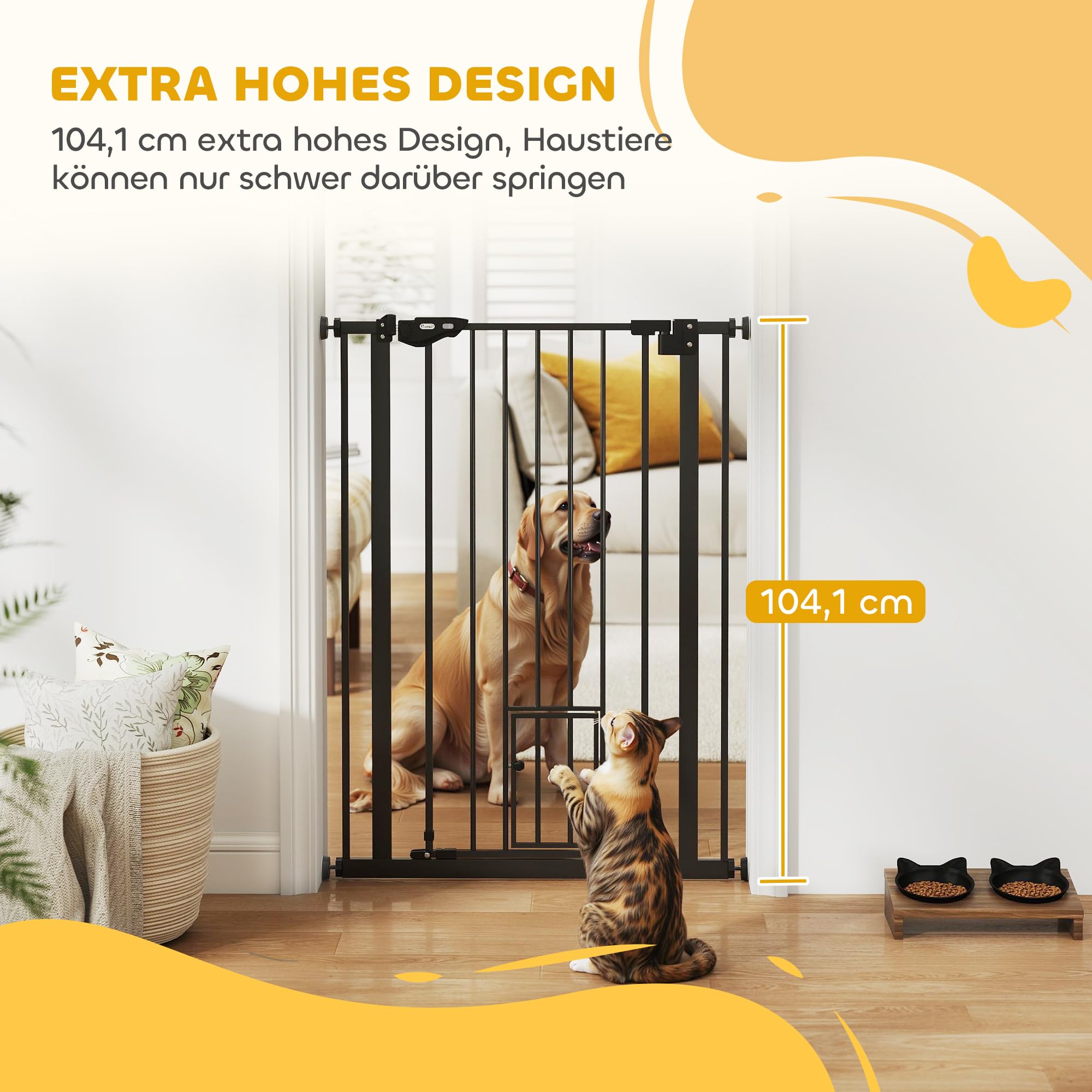 PawHut Protector de Puerta para Perros, Protector de Escalera, 74-80 cm Protector de Puerta para Perros, Protector de Escalera, Puerta de Seguridad, Cierre automático, Acero, Negro