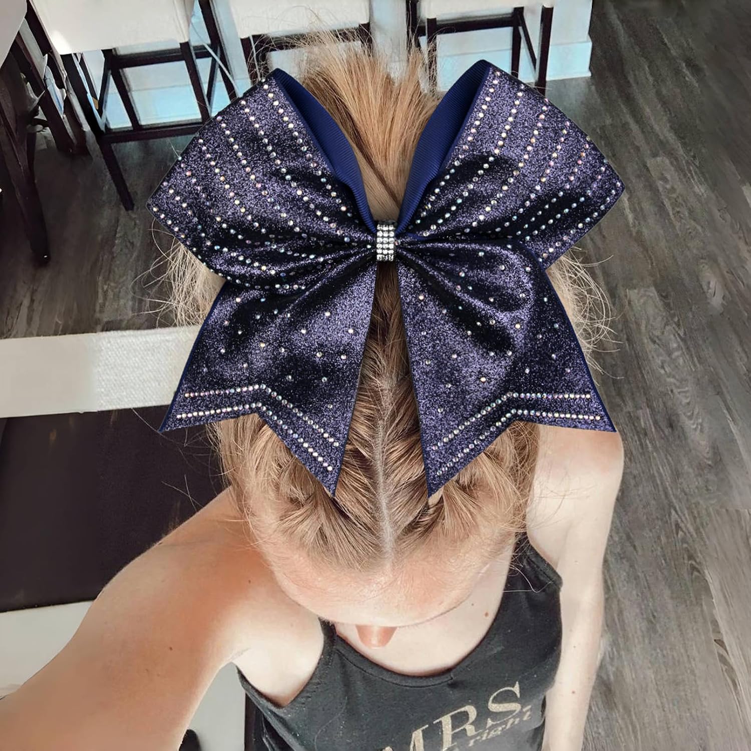 DEEKA 8PCS Navy Blue Stripes Glitter Cheer Bows with Iridescent Rhinestones Large 8" Competition Cheer Hair Bows Elastic Band Ponytail Holder for Cheerleader Girls Softball Football Sports (Navy Blue)
