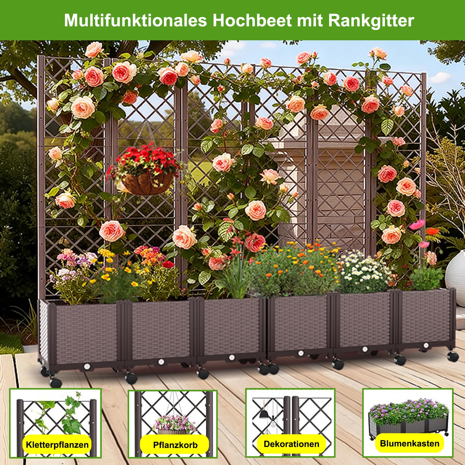 Jardinera elevada con Celosía y Autoriego, Cama de Jardín con 3 Maceteros y 8 Ruedas, Enrejado Soporte para Plantas Trepadoras, Verduras, Flores y Pantalla de Privacidad