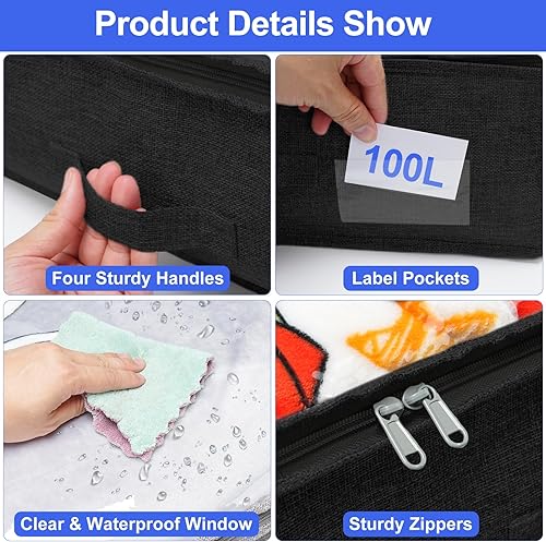 Miniatura 5 de punemi Contenedores de almacenamiento jumbo para debajo de la cama de 100 litros (sin soporte), paquete de 6 contenedores plegables, almacenamiento