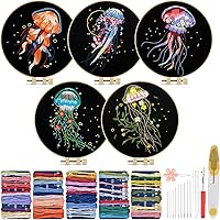TINDTOP 5-Pack Jellyfish Embroidery Kit for Beginners Adults - Stamped Patterns, Hoop, Threads, Needles, Instructions for Easy DIY Crafts