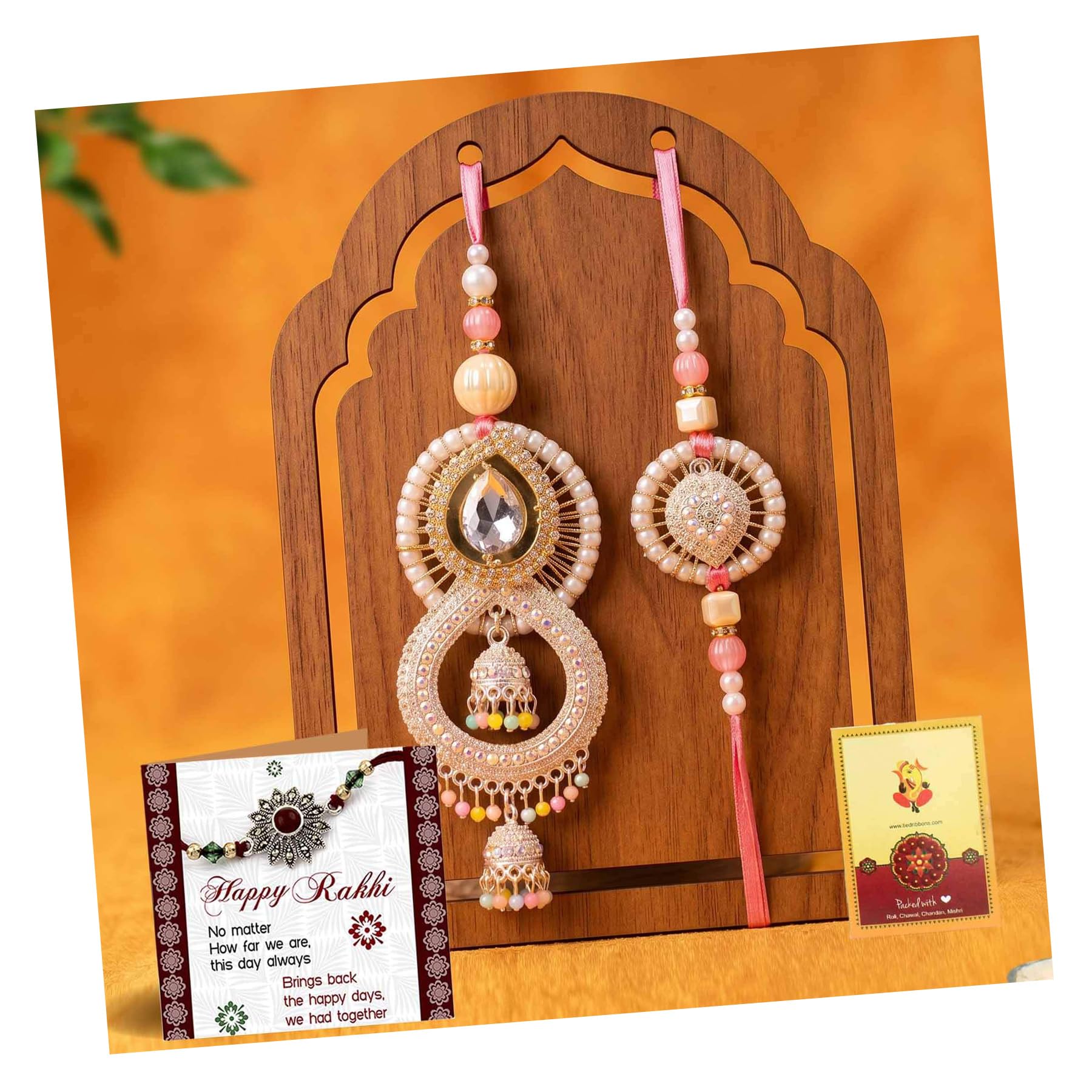 tied ribbons Bracelet Rakhi for Brother and Bhabhi - Traditional Kundan Couple Rakhi Set of 2 with Card and Tikka Combo - Lumba Rakhi for Bhaiya Bhabhi - Rakhi for Rakshabandhan-picture-45