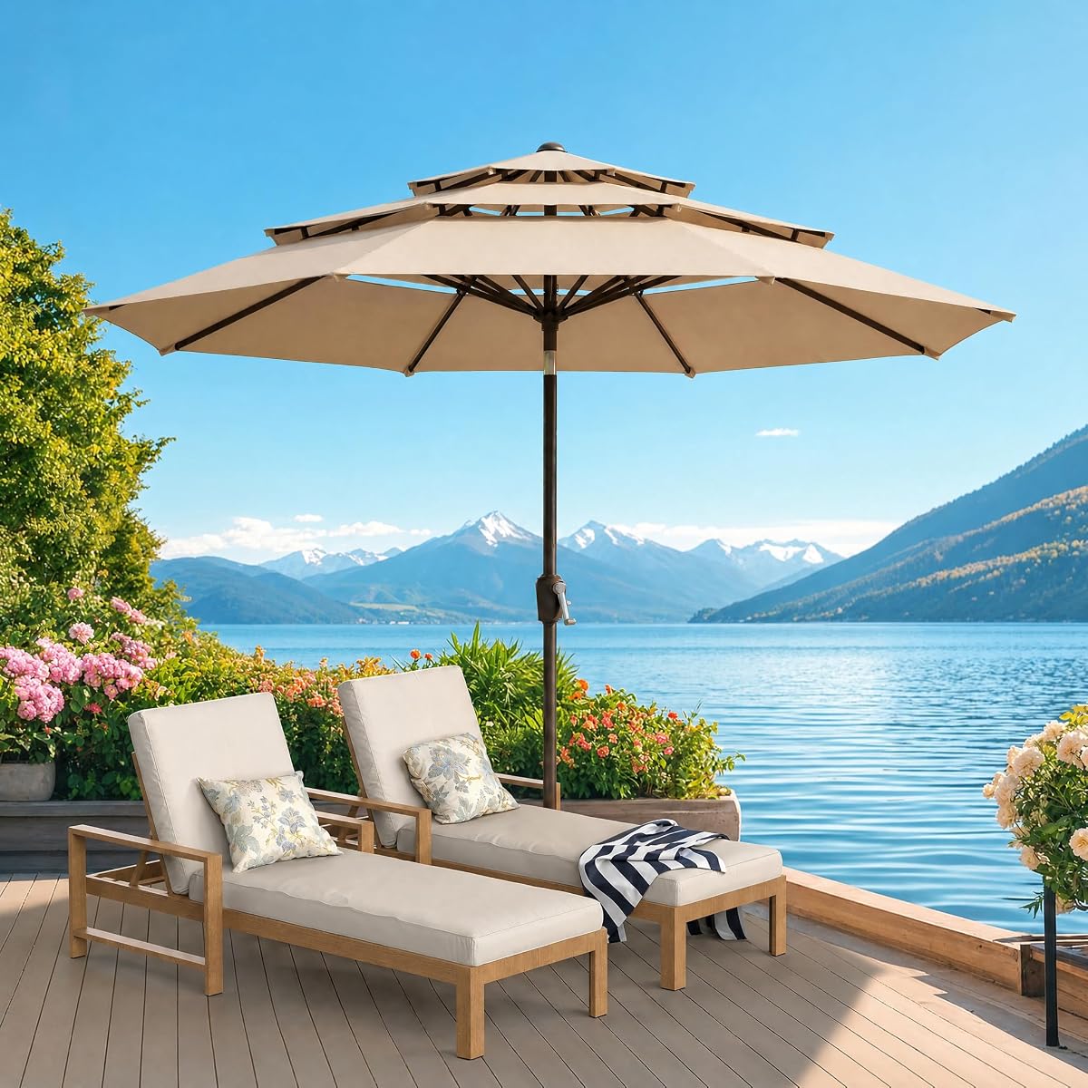 Sombrilla de patio de 10 pies, sombrilla de mesa de 3 niveles para exteriores con 8 varillas de fibra de vidrio resistente y botón de inclinación, sombrillas de patio al aire libre para mercado, piscina, jardín, patio trasero, poste de 1,5 pulgadas, champán (sin base)