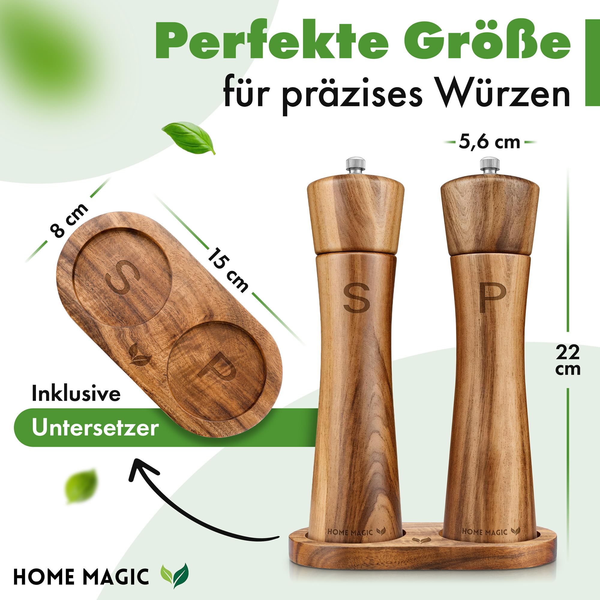Pfeffermühle Holz – Premium Salz und Pfeffermühle 2er Set aus Akazienholz mit Untersetzer | Hochwertiges Keramikmahlwerk