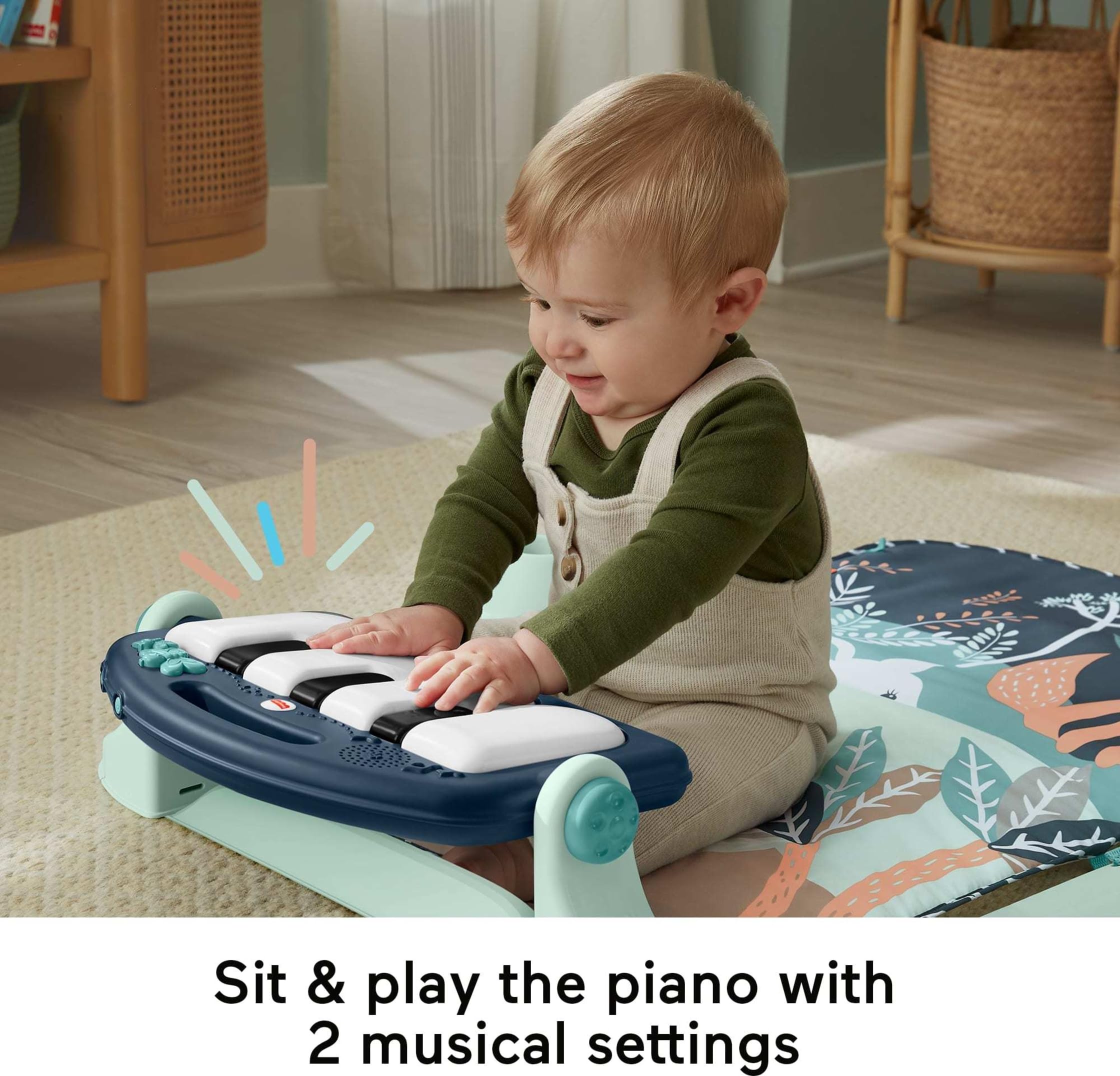 Fisher-Price Gimnasio-Piano pataditas Alfombra de Juego para bebés con Juguetes Musicales y sensoriales para recién Nacidos y niños pequeños, Azul Marino y Beige, JMN75