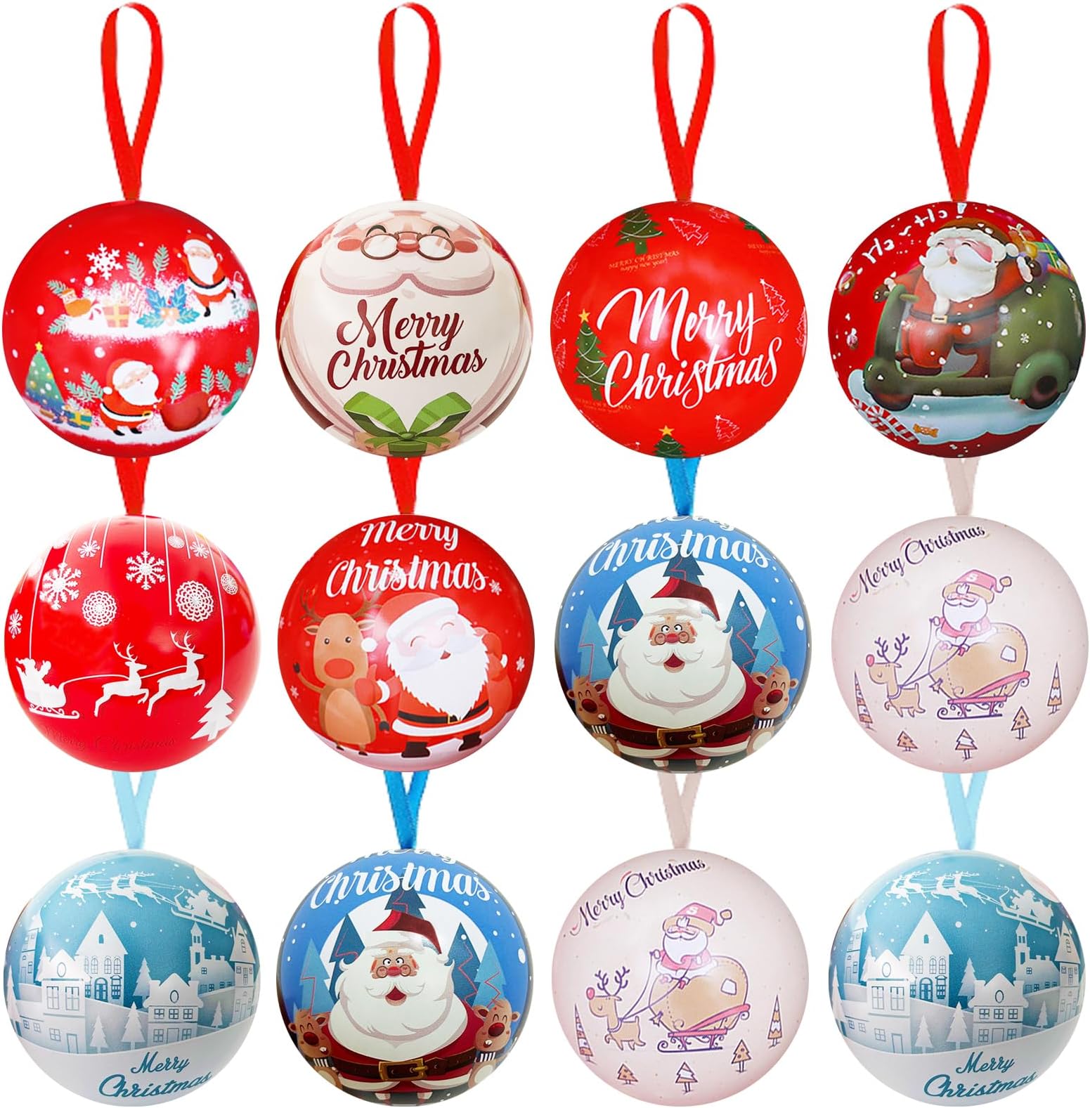 12 Pack Christmas Candy Ball Box Hanging Decorations,Tinplate Christmas Tree Balls Jars Pendant for Xmas Decor,Kids Gifts