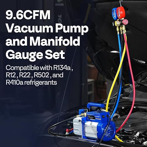 Miniatura 2 de VIVOHOME 1 bomba de vacío HP 9.6 CFM de doble etapa HVAC y medidor de colector de CA de 4 vías con detector de fugas mangueras de 5 pies y