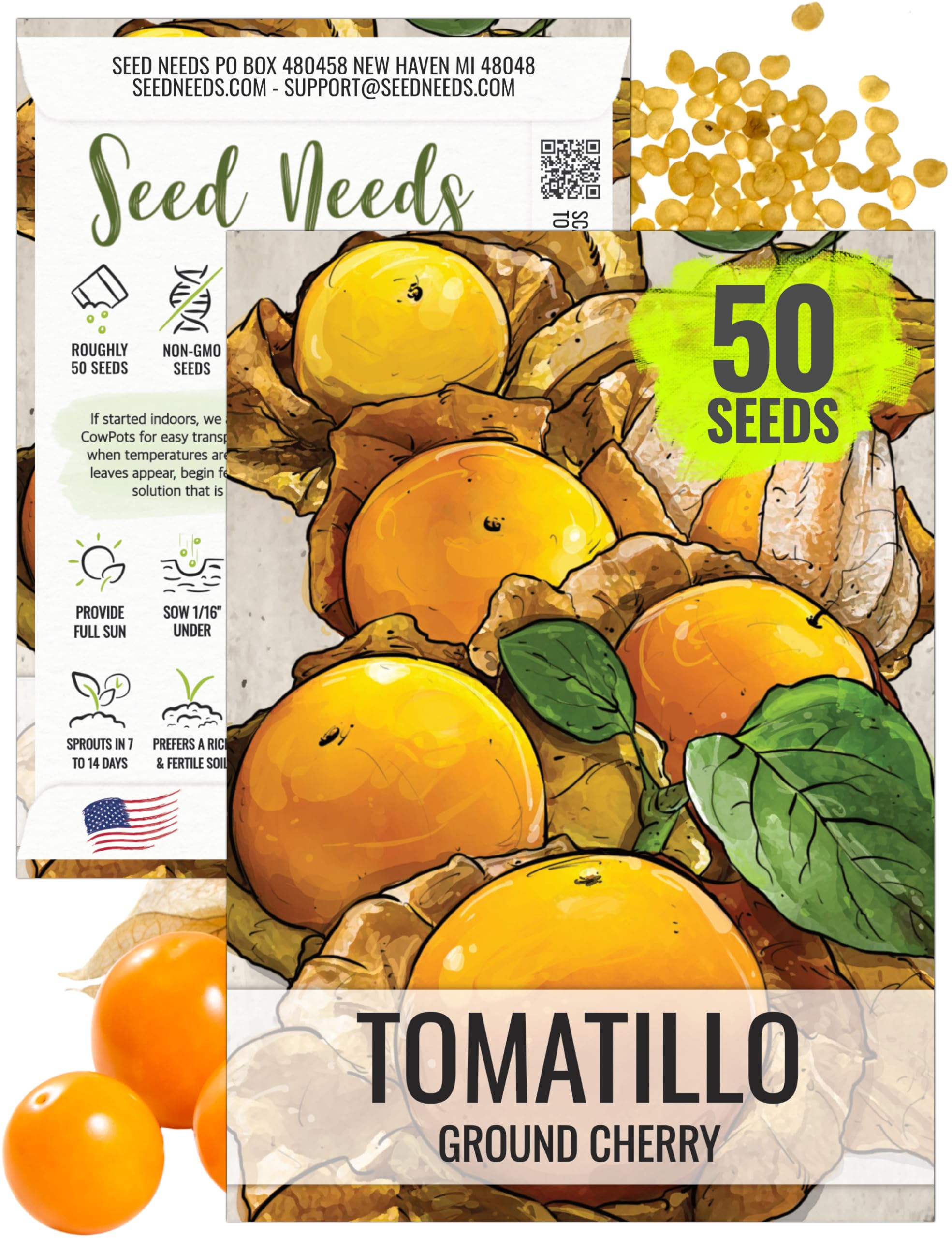 Seed Needs Ground Cherry Tomatillo Seeds for Planting - Non-GMO, Heirloom & Untreated Physalis pruinosa - Edible Cape Gooseberry/Golden Berries to Grow an Outdoor Vegetable Garden (1 Pack)