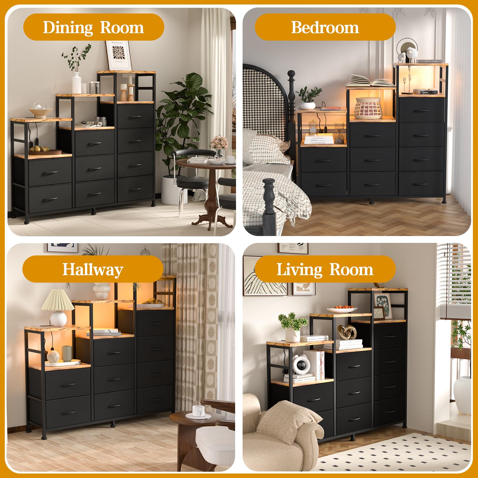 Cassettiera In Tessuto Con 9 Cassetti E Luci LED - 120x30x91 Cm, Con Prese 2AC+2USB+Type-C, Telecomando, Supporto TV Fino A 55", Per Camera Letto