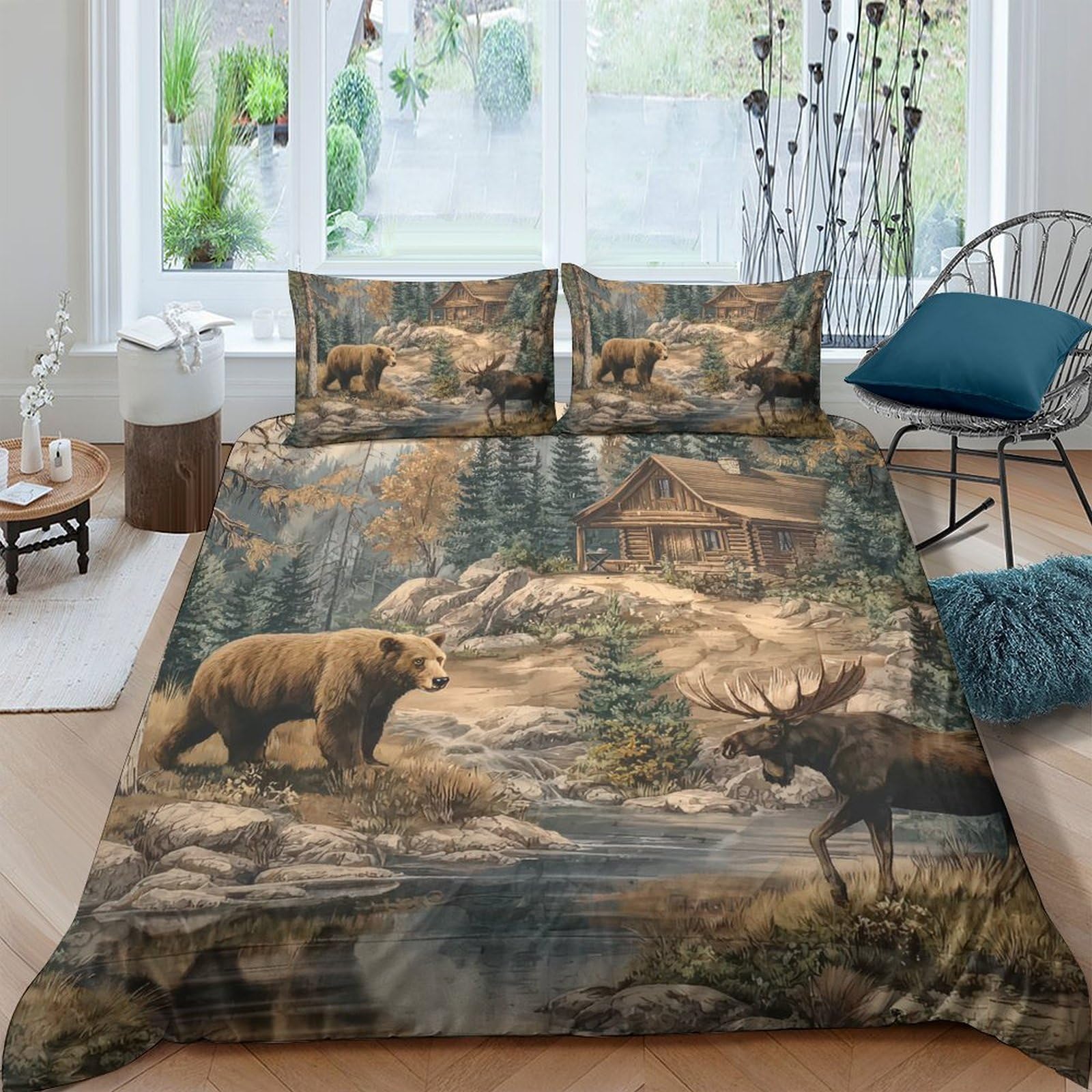 Ctjqhvkz Style-9 3D Printed Forest Bear Fitted Sheet Microfiber Woodland Moose Mattress Cover For Bedroom Decor Mattress Protection Single（135X200cm）