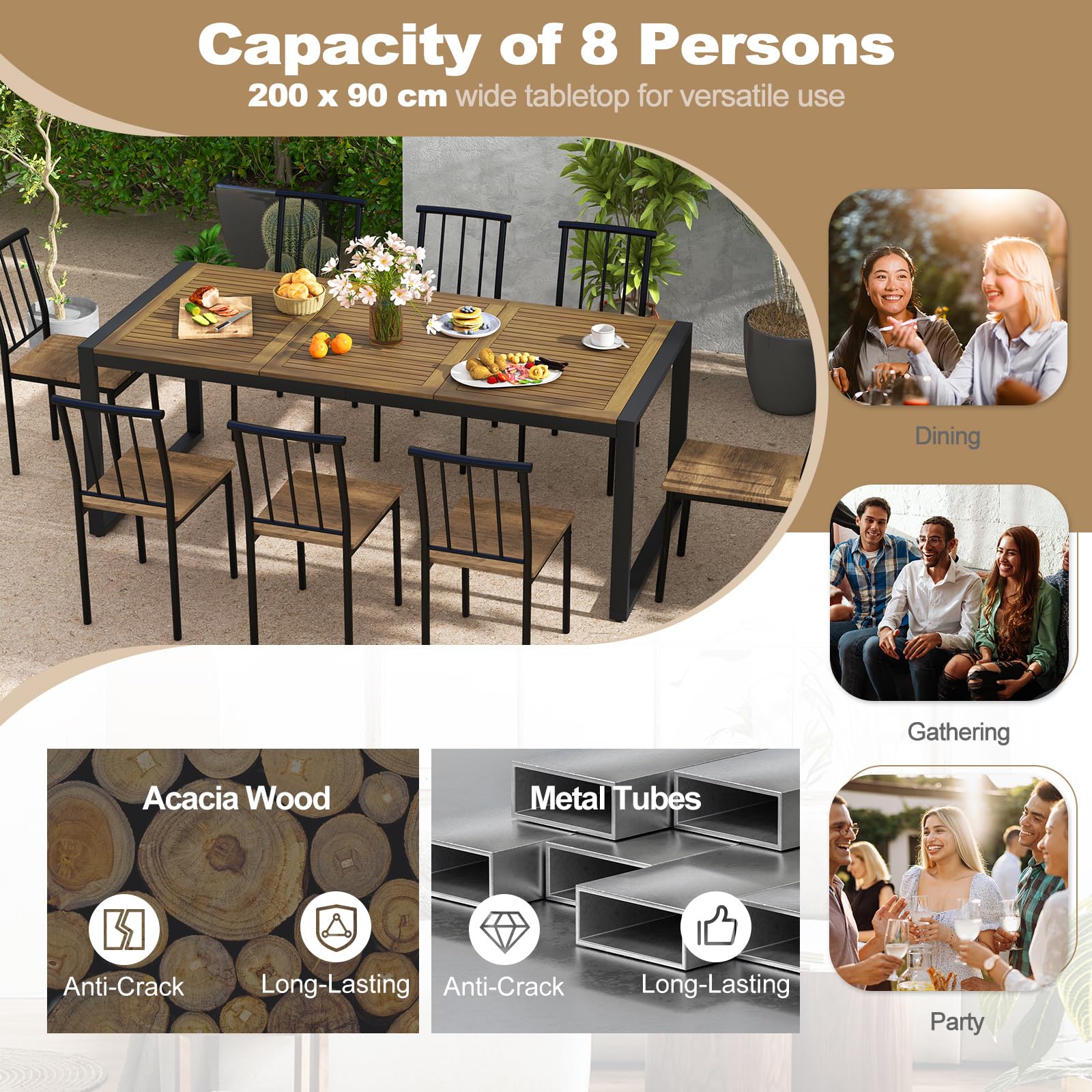 KOMFOTTEU Tavolo da Giardino con Foro per Ombrellone | Tavolo da Pranzo a 8 Posti in Legno di Acacia e Metallo, Tavolo Rettangolare, Piedini Regolabili, per Esterno, 200x90x75 cm