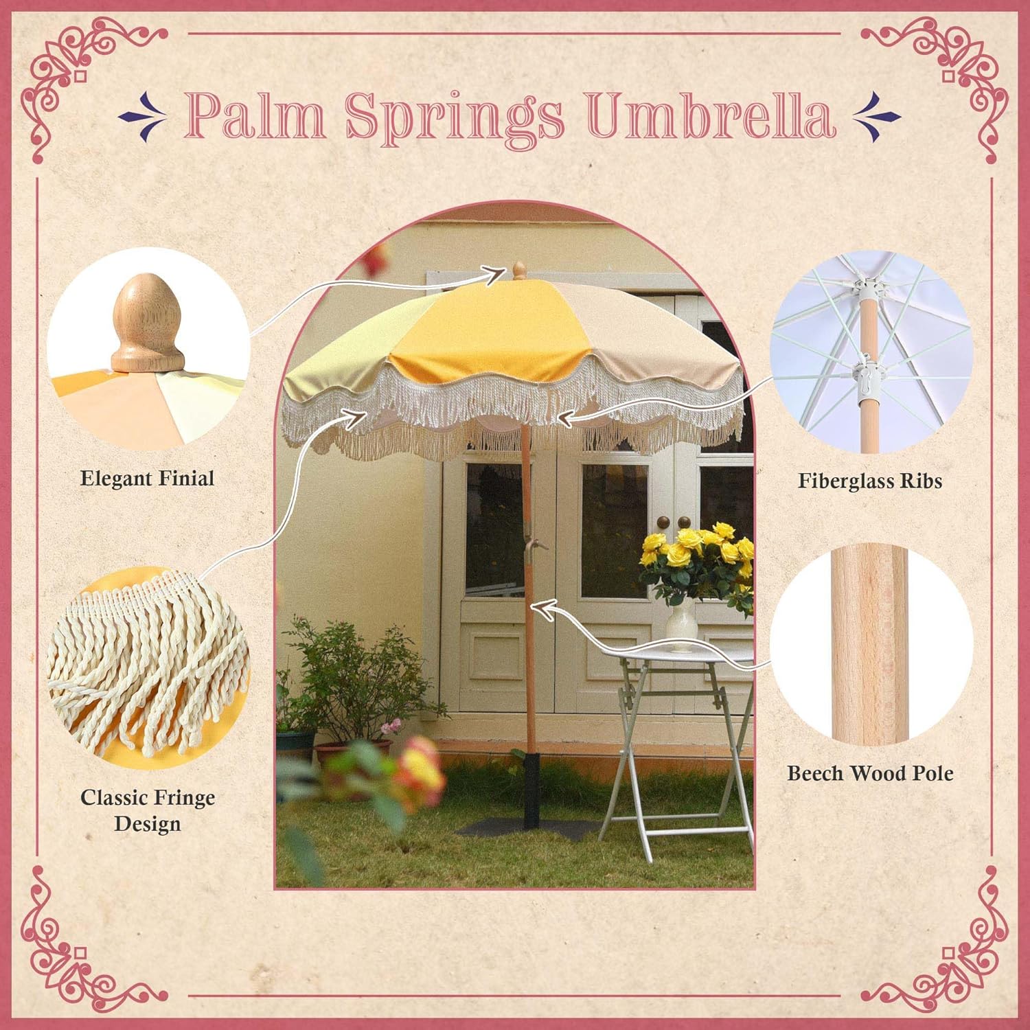 LAGarden Fringe Patio Umbrella with Carry Bag & Cover Vintage Wood for Event Outdoor Garden Yard Wedding Bistro Table