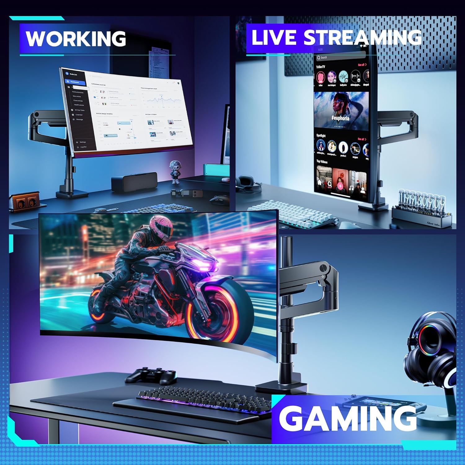 ARES WING Single Monitor Arm Desk Mount for 17-49 Inch Ultrawide Monitors, Heavy Duty Single Monitor Arm Holds 44 lbs, Full Motion Gas Spring Vertical Desk Mount, 75/100 VESA Mount, Black