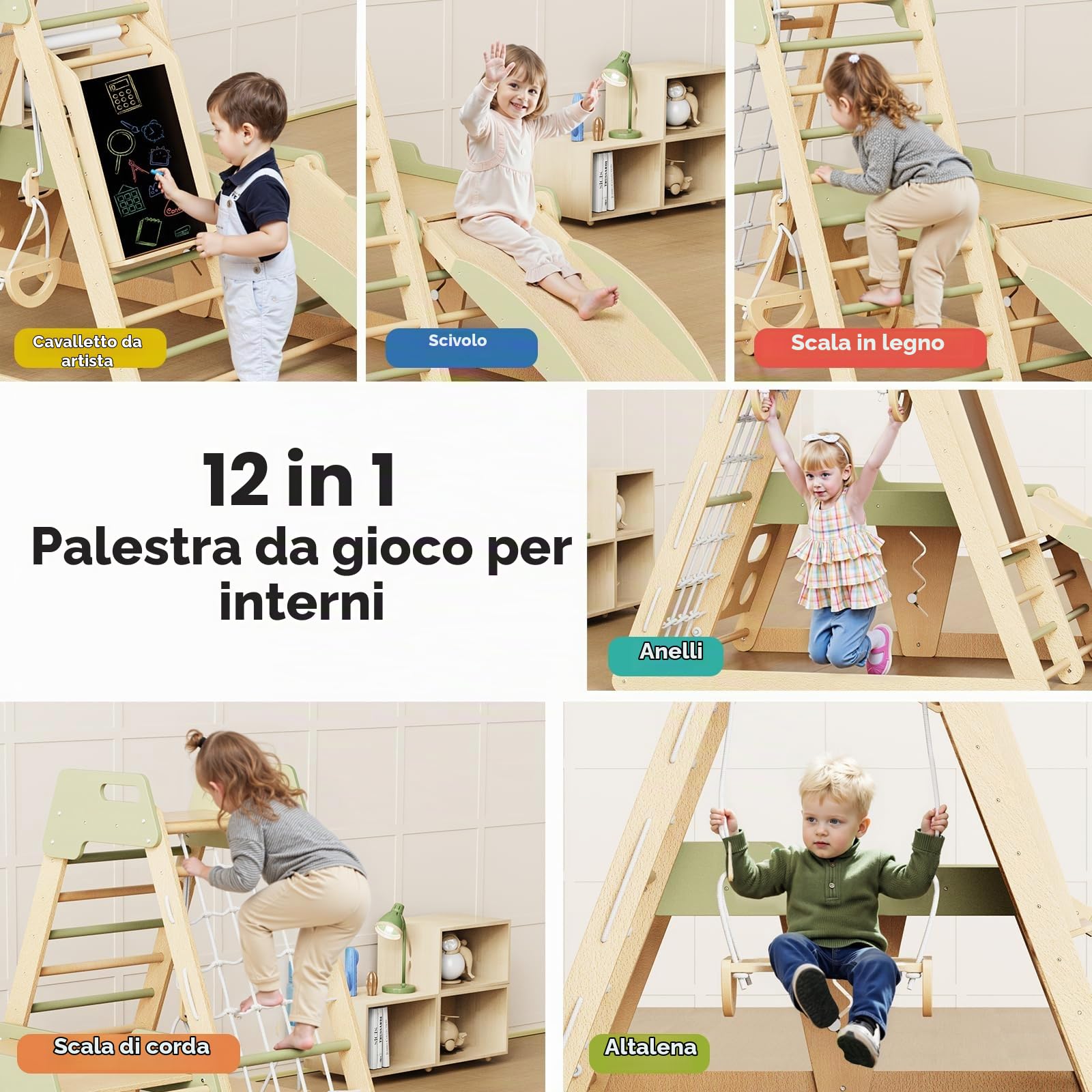 Parco Giochi da Giardino per Bambini 12-in-1 Struttura in Legno con Scivolo, Altalena, Parete Arrampicata, Rete, Scala, Balance Board, Palestra Montessori Educativi per Sviluppo Motorio 1-6 Anni