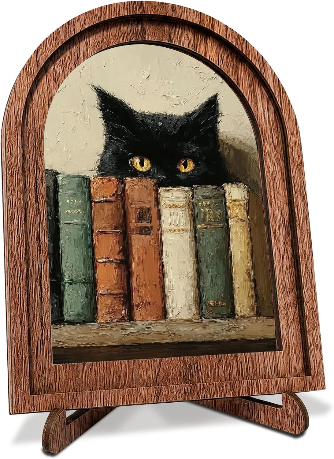 Vintage Black Cat Reading Lover Wooden Arch Frame Tabletop Signs Decorative