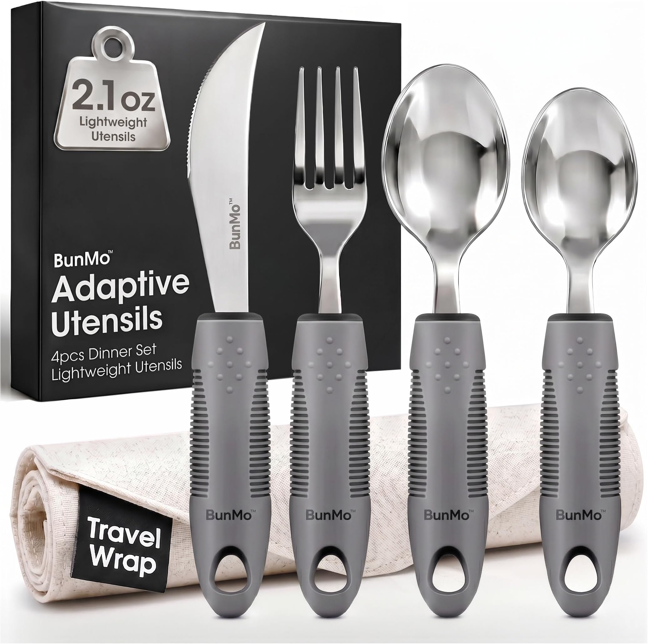 BunMo Utensils for Elderly, Arthritis, Weak Hand Grip & Handicapped - Convenient Travel Pouch - for Tremors and Parkinsons Patients - Stainless Steel - Eat Independently - Adaptive Gray 4 Piece Set