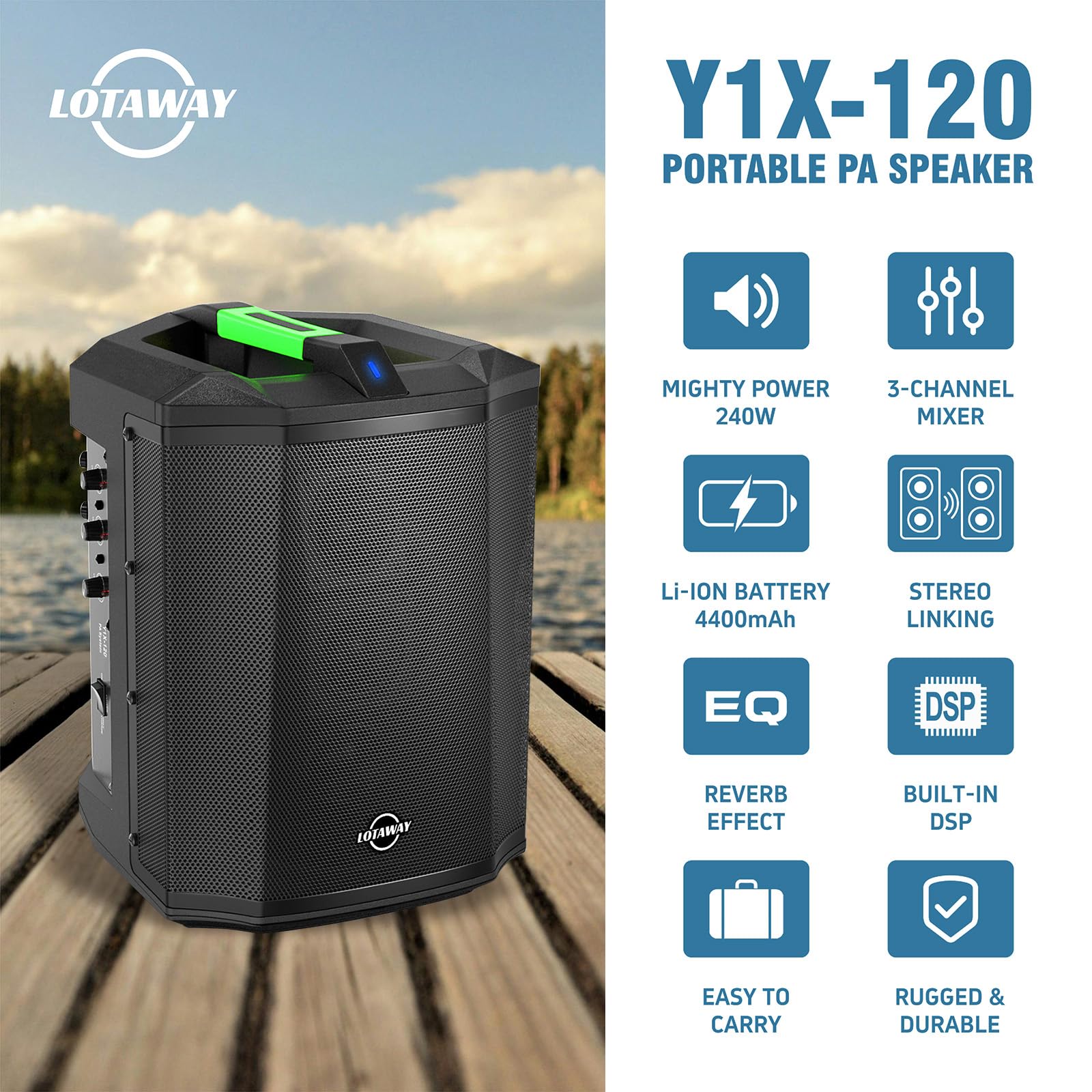 LOTAWAY Y1X-120 240W All-in-one Battery Powered Speaker Professional Portable PA System with Bluetooth Wireless Outdoor/Indoor Rechargeable DJ Speakers with Subwoofer for Busker,Guitarist,Party,Events