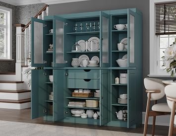 100% Solid Wood 65"" Pantry China Cabinet with Raised Panel, Frosted Glass Doors, 2-Drawers and Adjustable Shelves