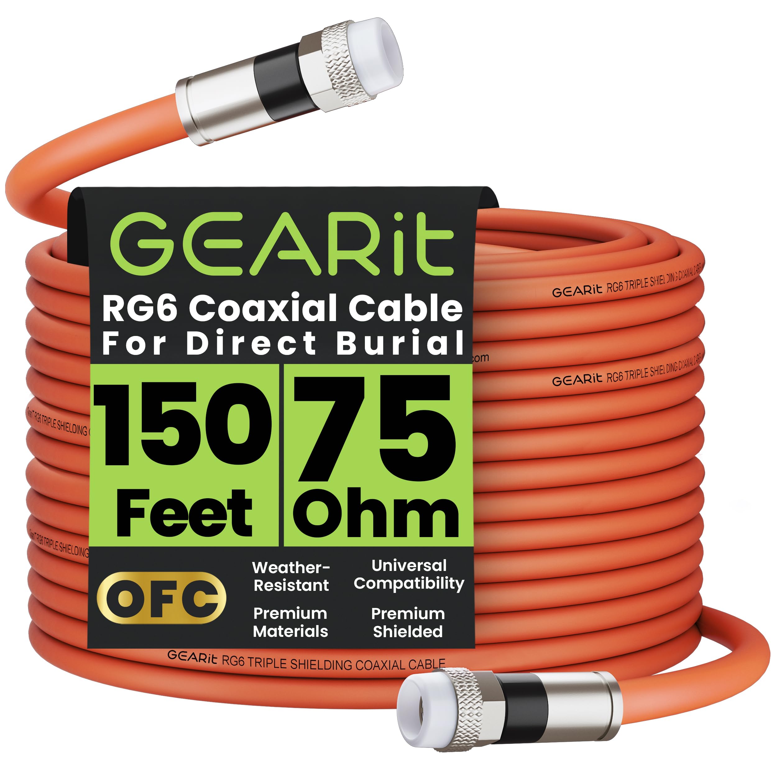 GEARit Coaxial Cable for Direct Burial (150ft) RG6 70 Ohm RF Waterproof Underground in-Wall with Rubber Boot, High-Speed Internet, Broadband, Digital