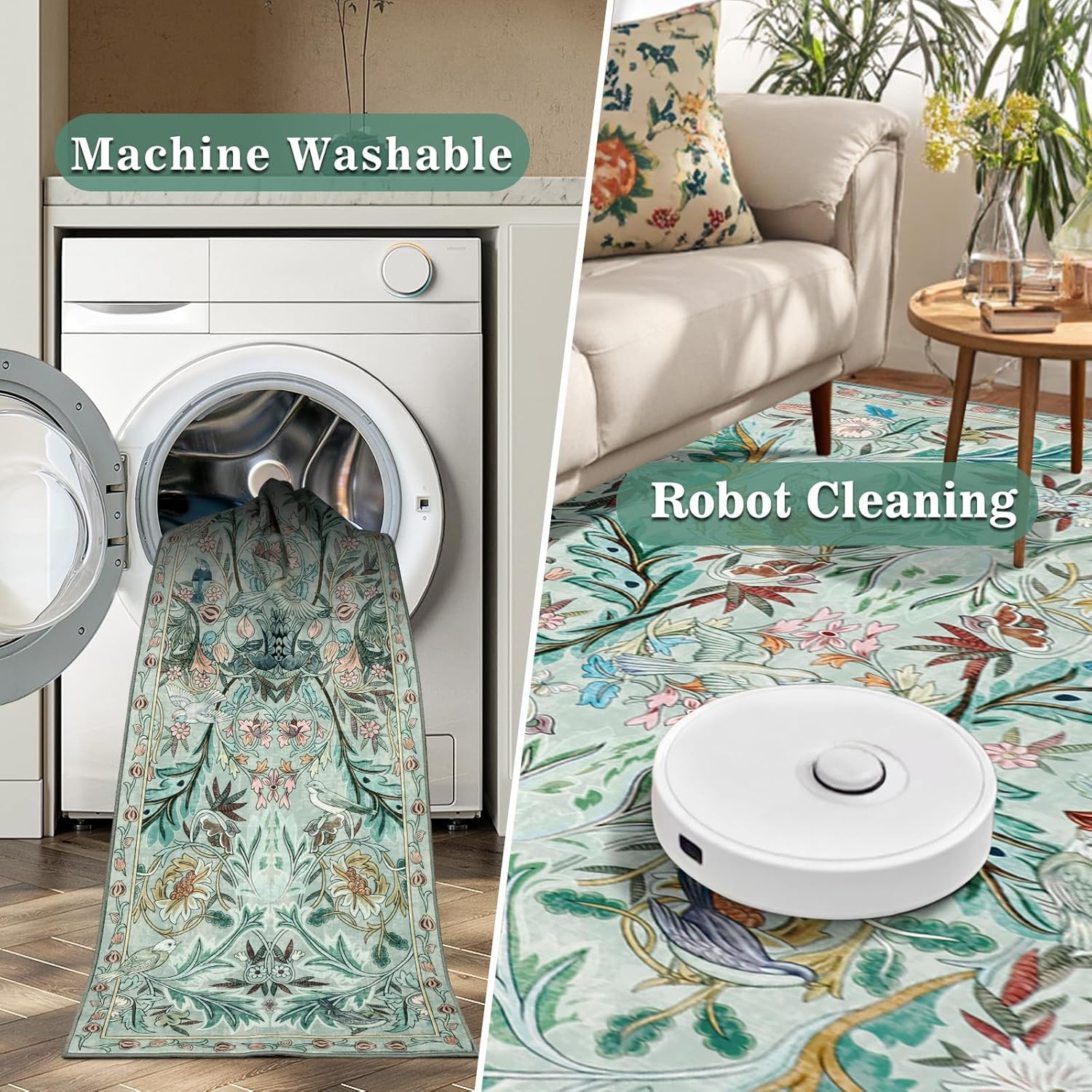 nesrt Botanical Runners for Hallways Kitchen Rug Non Slip 2x10, Long Washable Boho Jungle Runner Rugs, Soft Floral Forest Birds Carpet Runner for Hall, Laundry, Bedroom, Bathroom (Light Green)