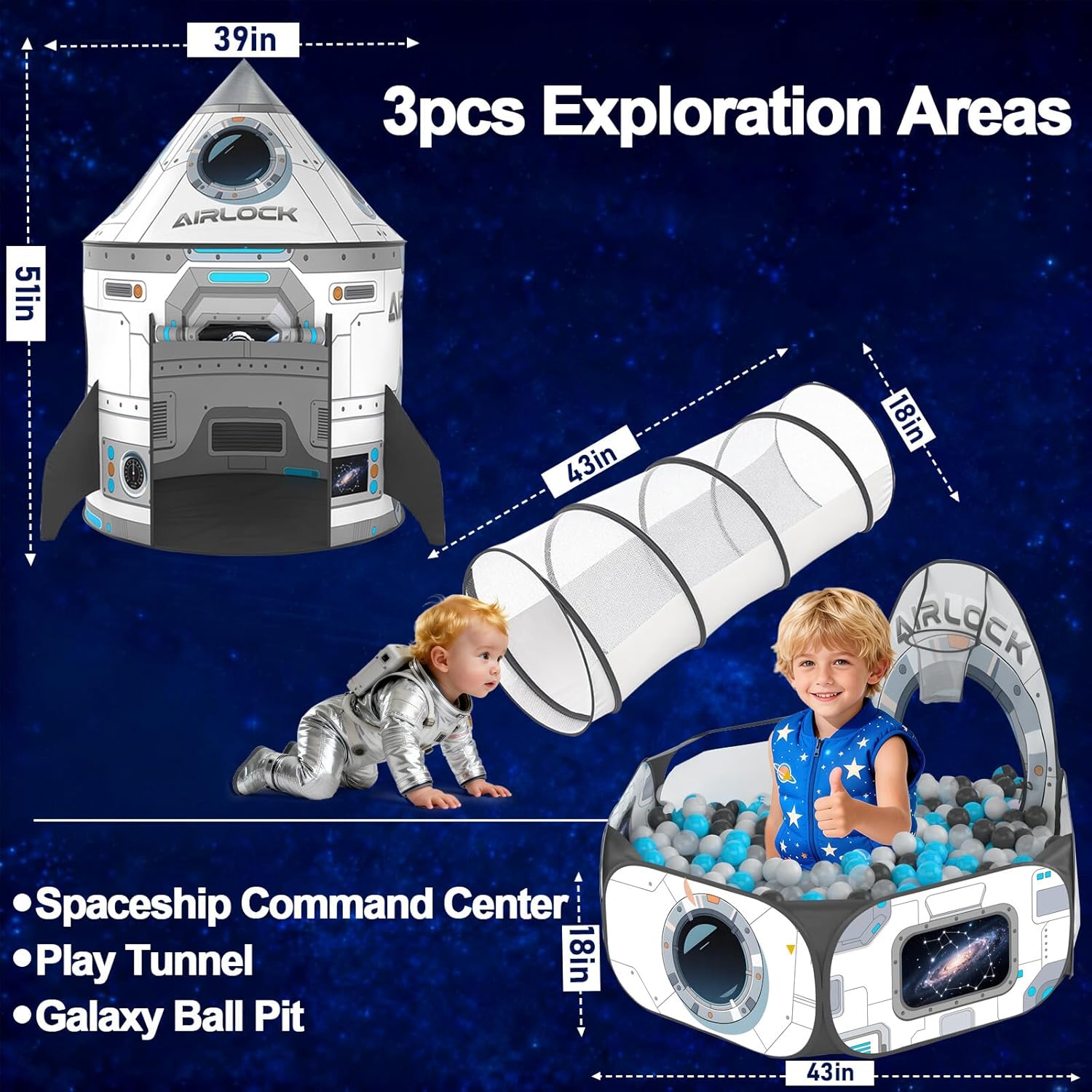 3Pcs Kids Rocket Play Tent for Boys: Pop Up Toddlers Spaceship Playhouse with Baby Crawl Tunnel, Ball Pit and Castle Tent - Children Game Tent Toys Indoor and Outdoor for Birthday