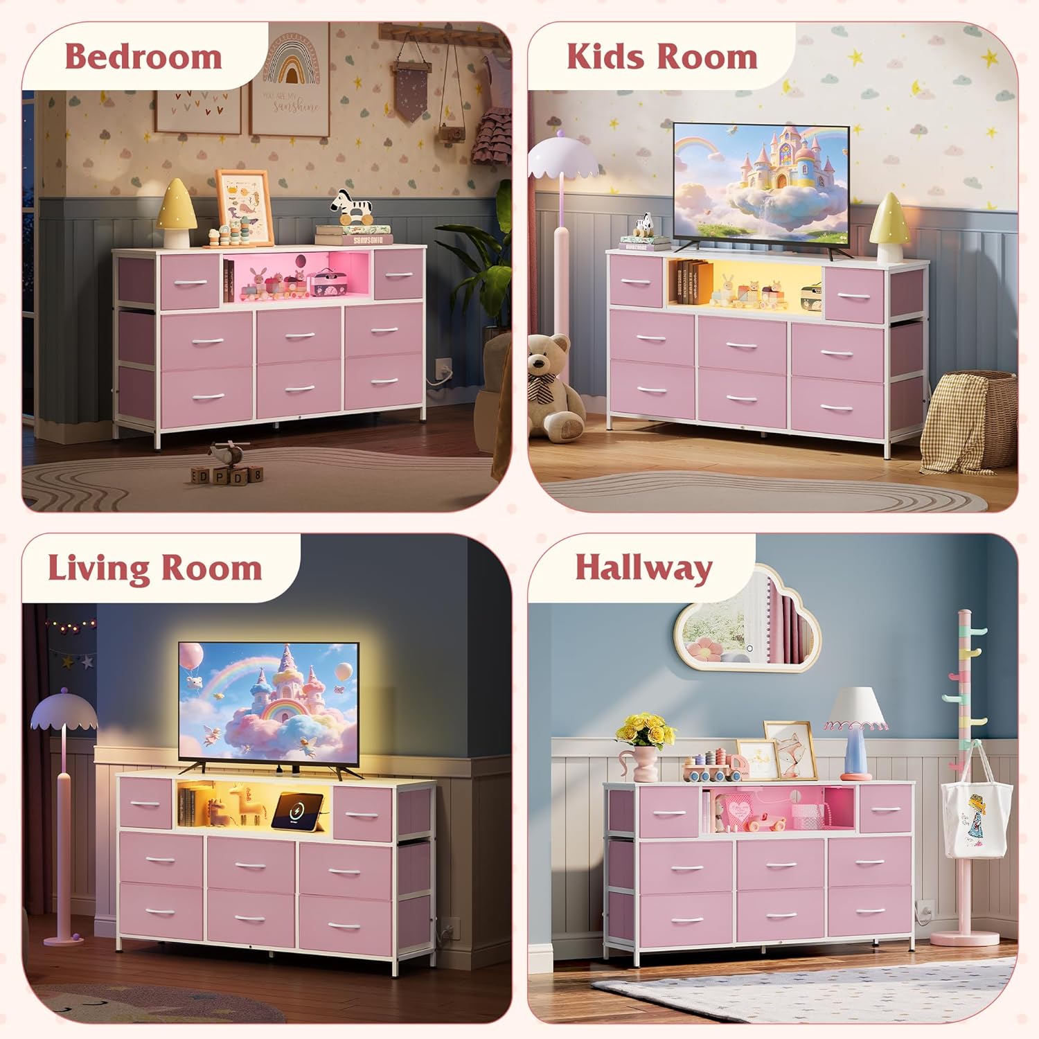 WLIVE Dresser TV Stand for 45, 50, 55 inch TV, Entertainment Center with LED Lights & Charging Station, Chest of Drawers with 8 Fabric Drawers and Open Shelves for Living Room, Hallway, A-Pink
