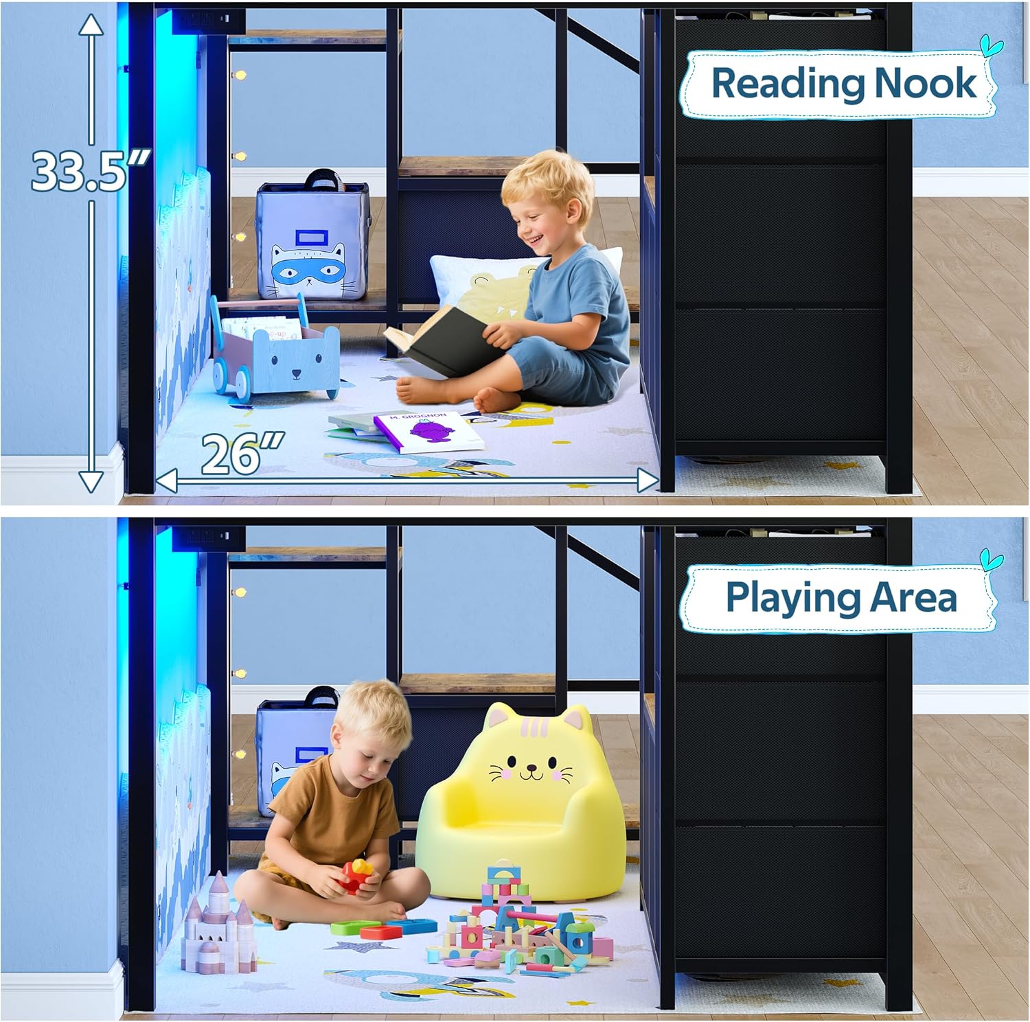Loft Bed Twin Size, Low Loft Bed, Kids Loft Bed, House Shaped Twin Loft Bed, Under-Bed Play Space, 9 Drawers, 2 Storage Shevles, LED Lights, Charging Station, 13.8" Safety Guardrail，Brown