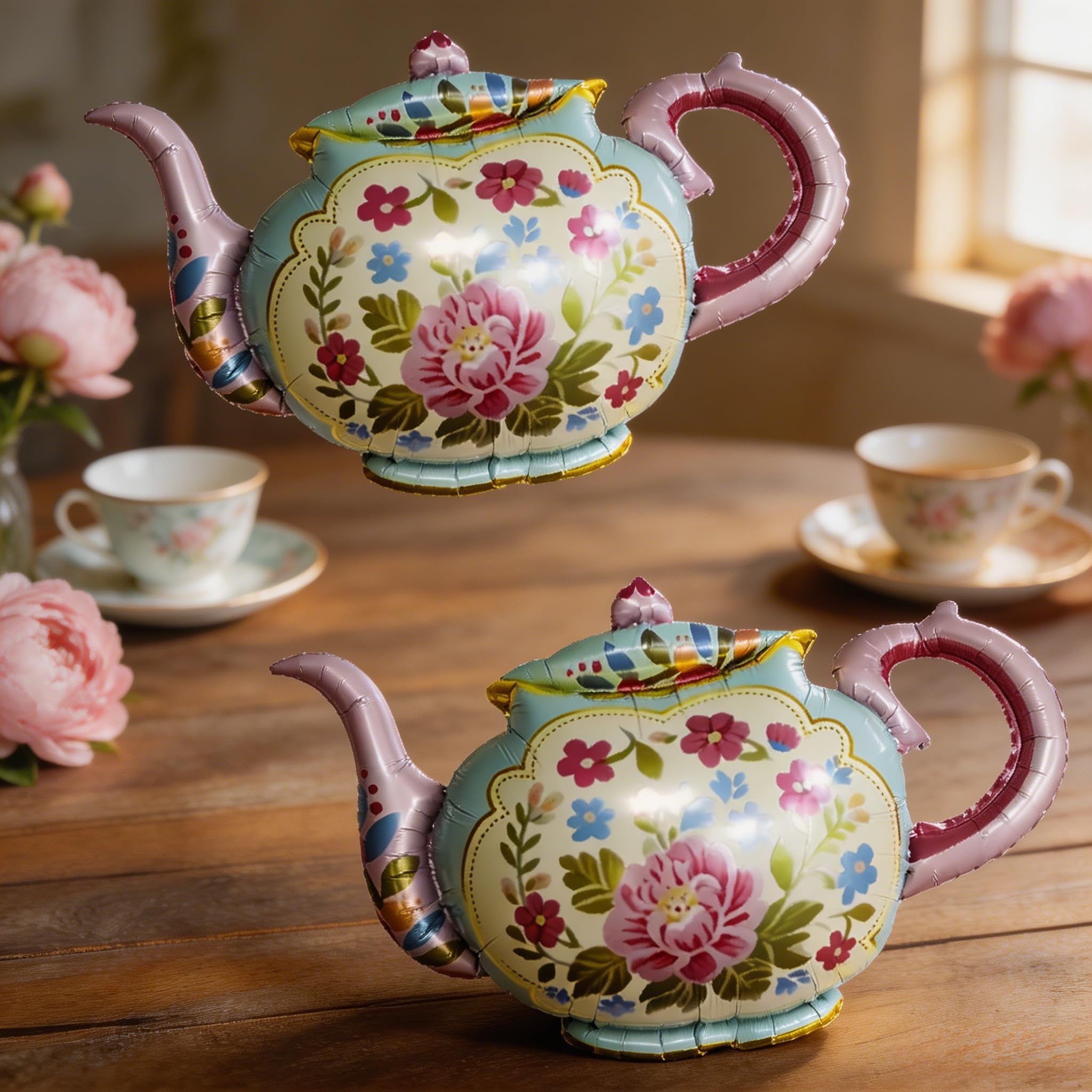 Foil Balloons 2 Pack with Self-Sealing Valve, Vintage Floral Teapot Balloons for Tea Party Decorations, Adult Birthday Party Supplies, Large 34x25 Inch Balloons