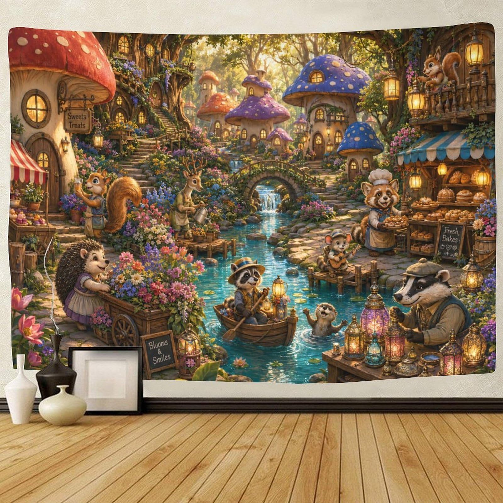 GPMNBCXZK Mushroom Village Animals 3D Print Tapestry for Bedroom Wall Art Decor Tapestries Poster Curtain Bedroom Dorm 130cmx150cm
