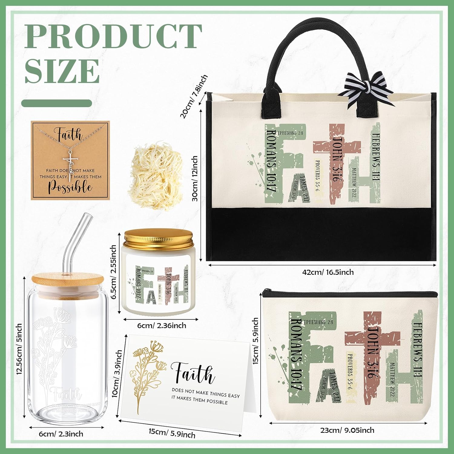 6 Pcs Christian Gifts for Women Faith Set Religious Gift for Women with Tote Bag Makeup Bag Candle Cross Necklace Cup Greeting Card for Birthday Valentine Easter Church Inspiration(Green) - Image 2